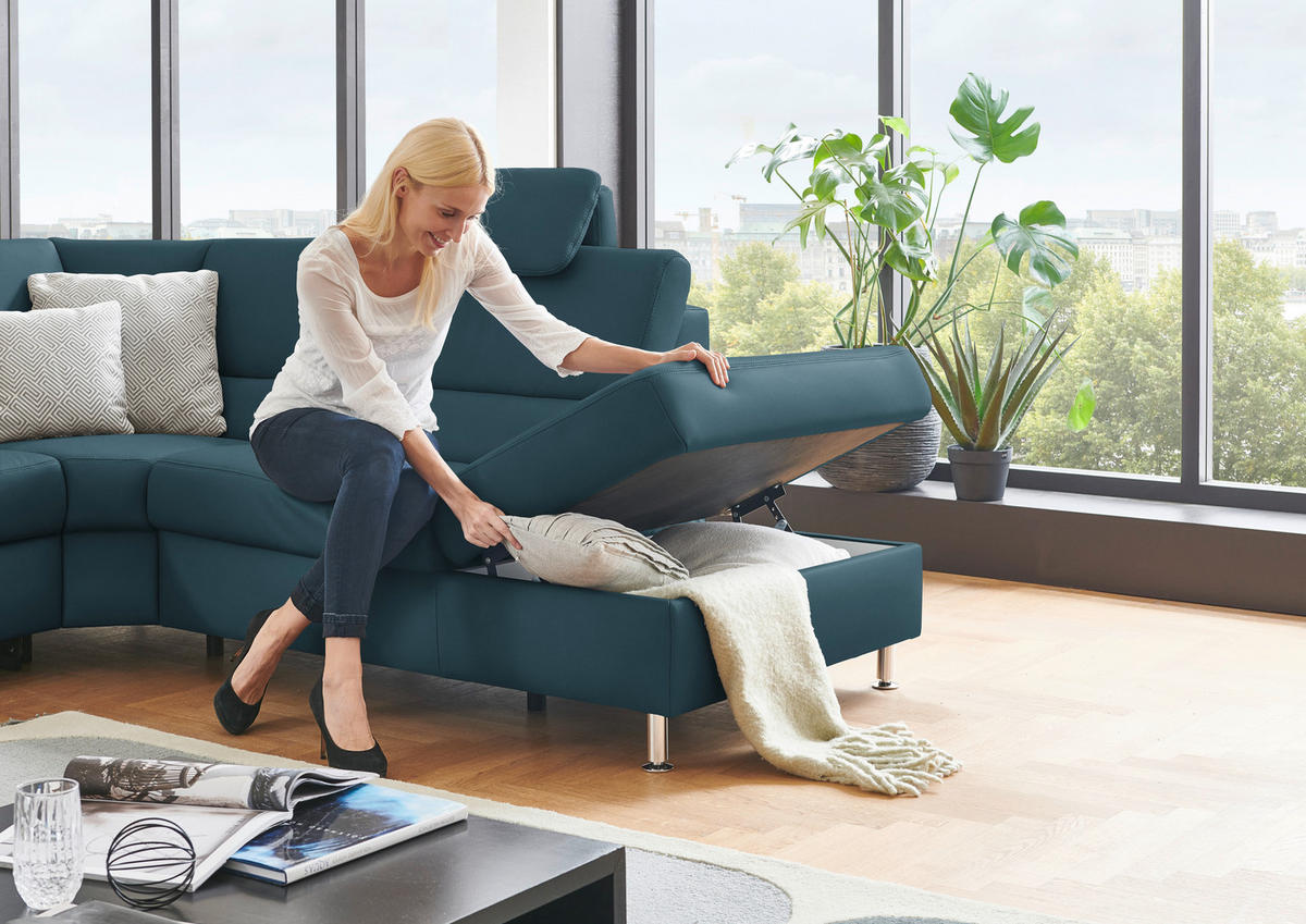 ECKSOFA in Echtleder Blau  - Blau/Alufarben, Konventionell, Leder/Metall (290/249cm) - Beldomo Premium