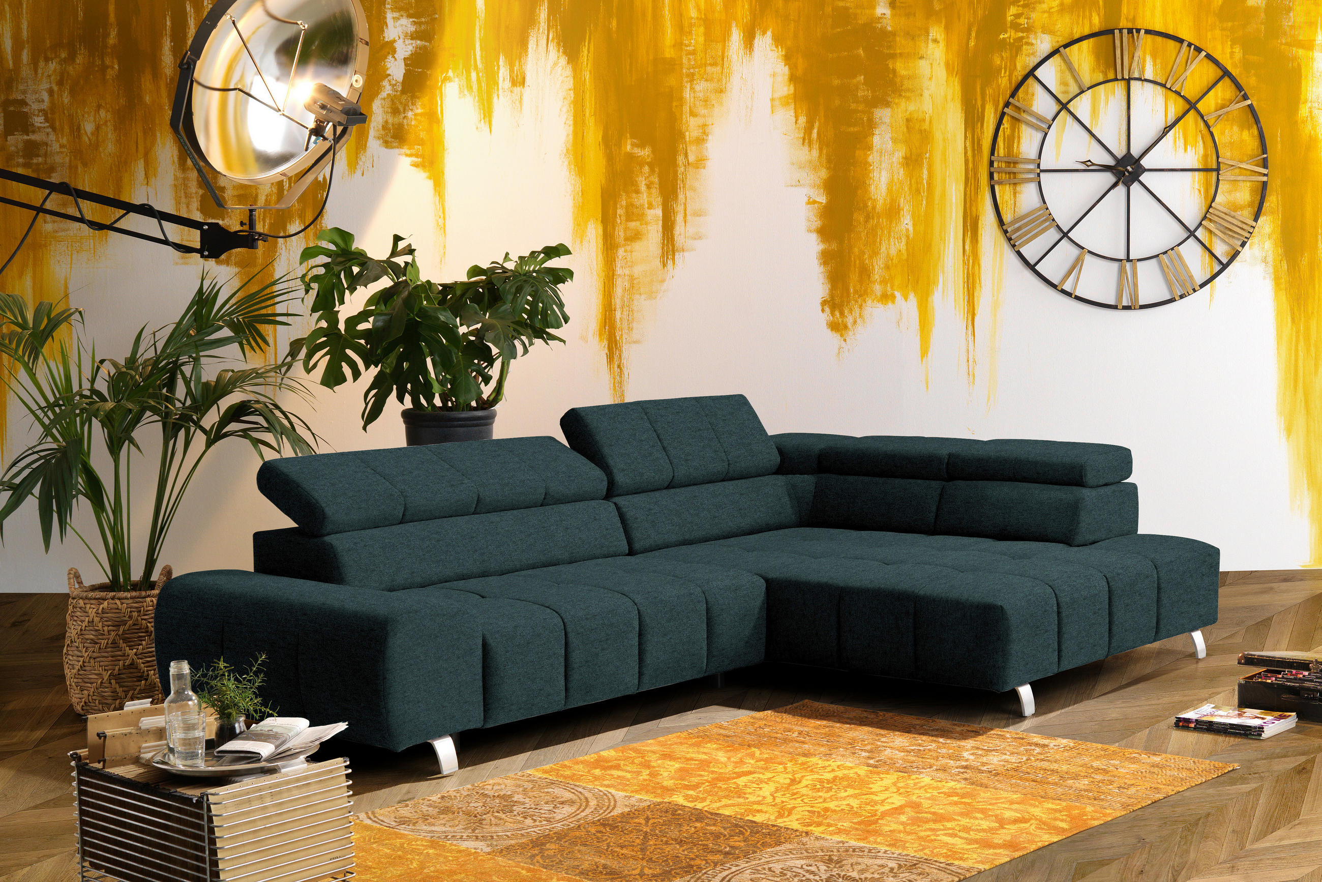 ECKSOFA Dunkelgrün Webstoff  - Dunkelgrün/Dunkelgrau, Design, Textil/Metall (295/201cm) - Hom`in
