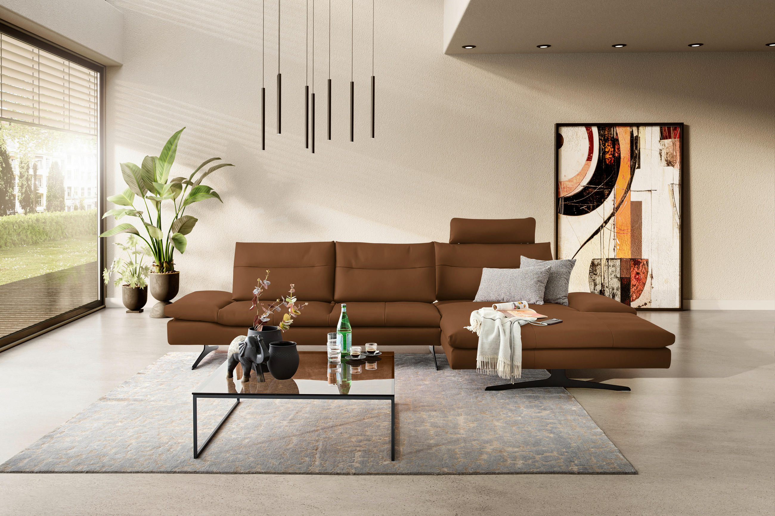 ECKSOFA in Echtleder Cognac  - Cognac/Schwarz, Modern, Leder/Metall (342/158cm) - Chilliano
