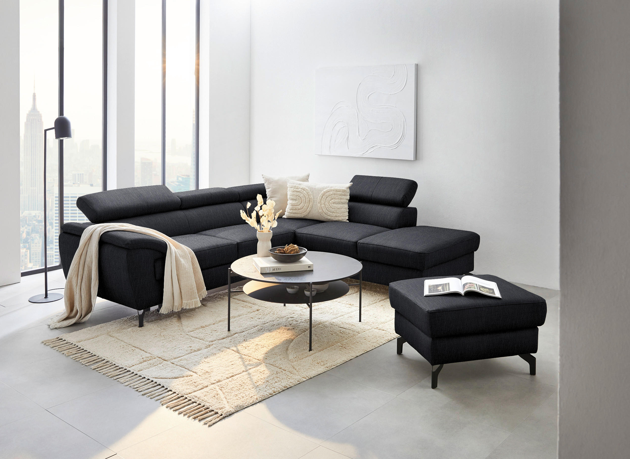 ECKSOFA in Lederlook Kombination Echtleder/Lederlook Schwarz  - Schwarz, Design, Leder/Textil (256/220cm) - Celina Home