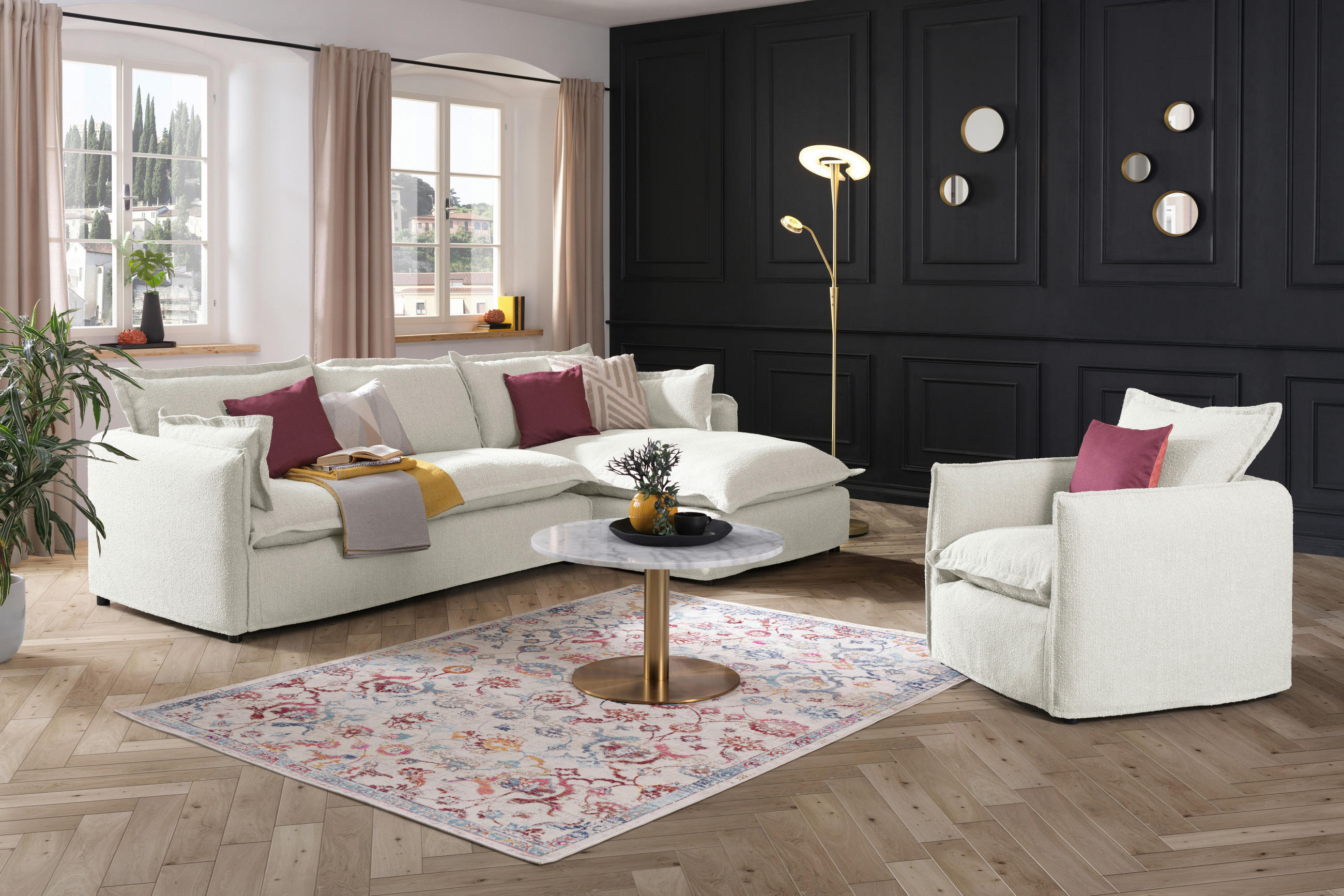 ECKSOFA in Flachgewebe, Bouclé Weiss  - Weiss/Schwarz, Trend, Textil/Metall (295/165cm) - Livetastic