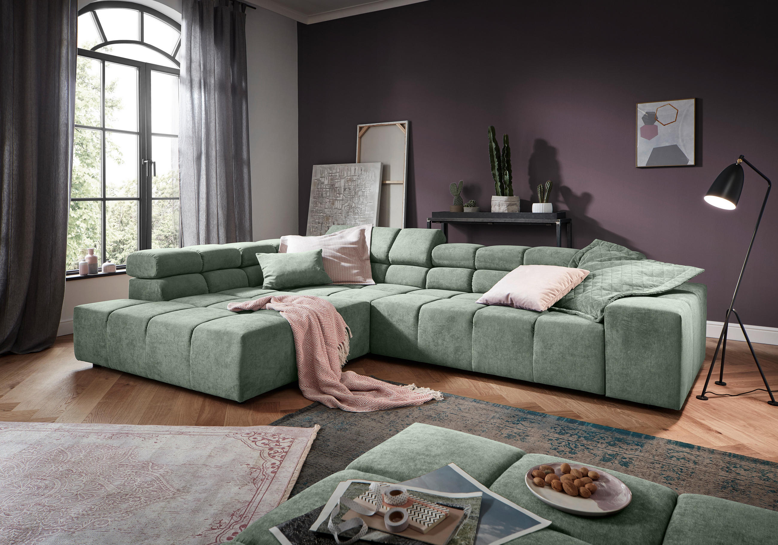ECKSOFA Mintgrün Velours  - Schwarz/Grau, Design, Kunststoff/Textil (213/317cm) - Hom`in