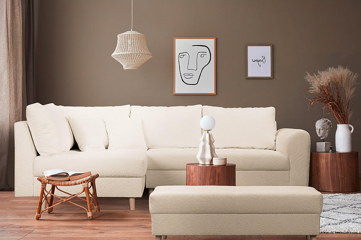 ECKSOFA inkl. Hocker Ariella Weiß Bouclé  - Naturfarben/Weiß, Design, Holz/Textil (161/231cm) - Livetastic