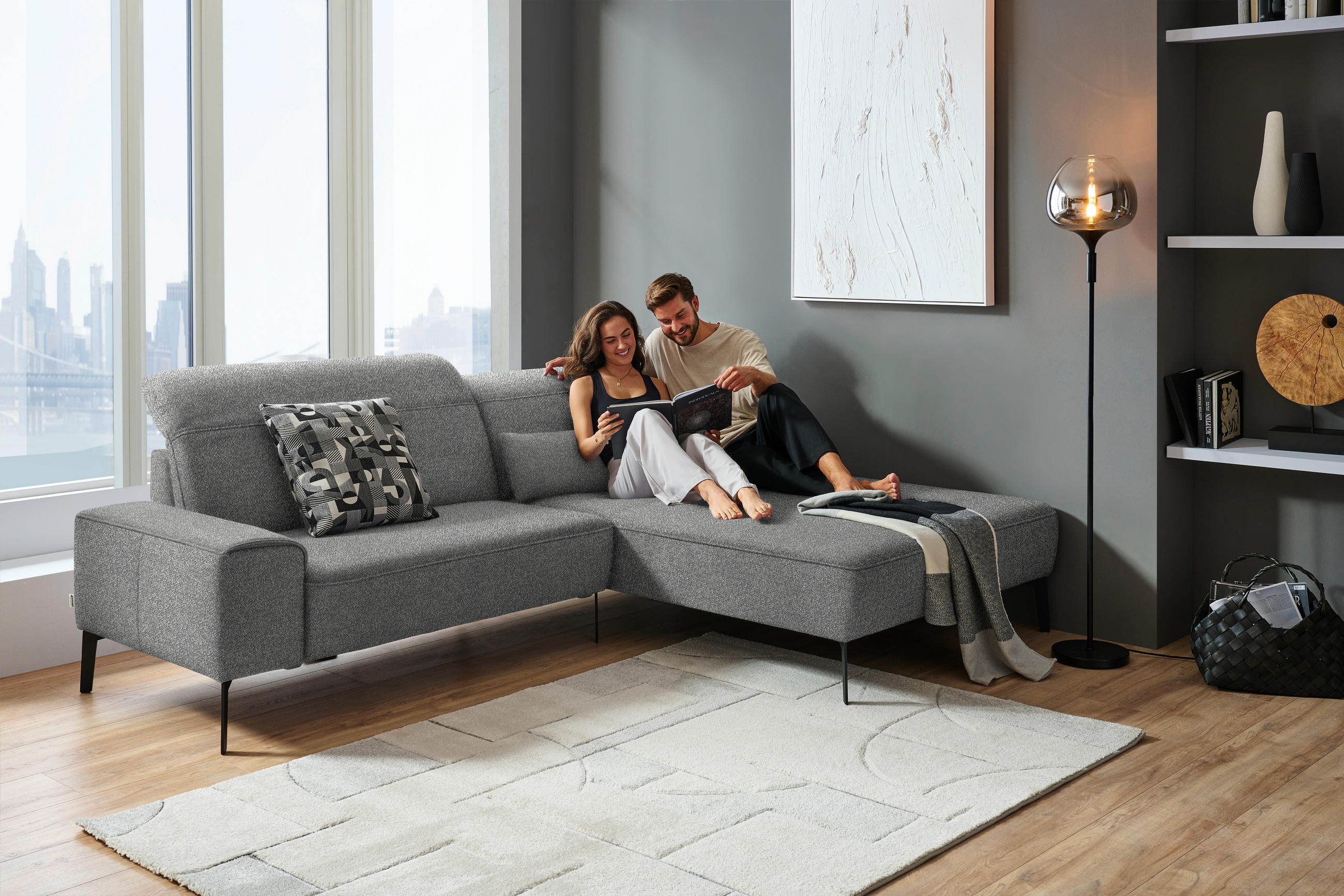 ECKSOFA in Mikrofaser Grau  - Schwarz/Grau, Design, Textil/Metall (273/203cm) - Johann Jakob