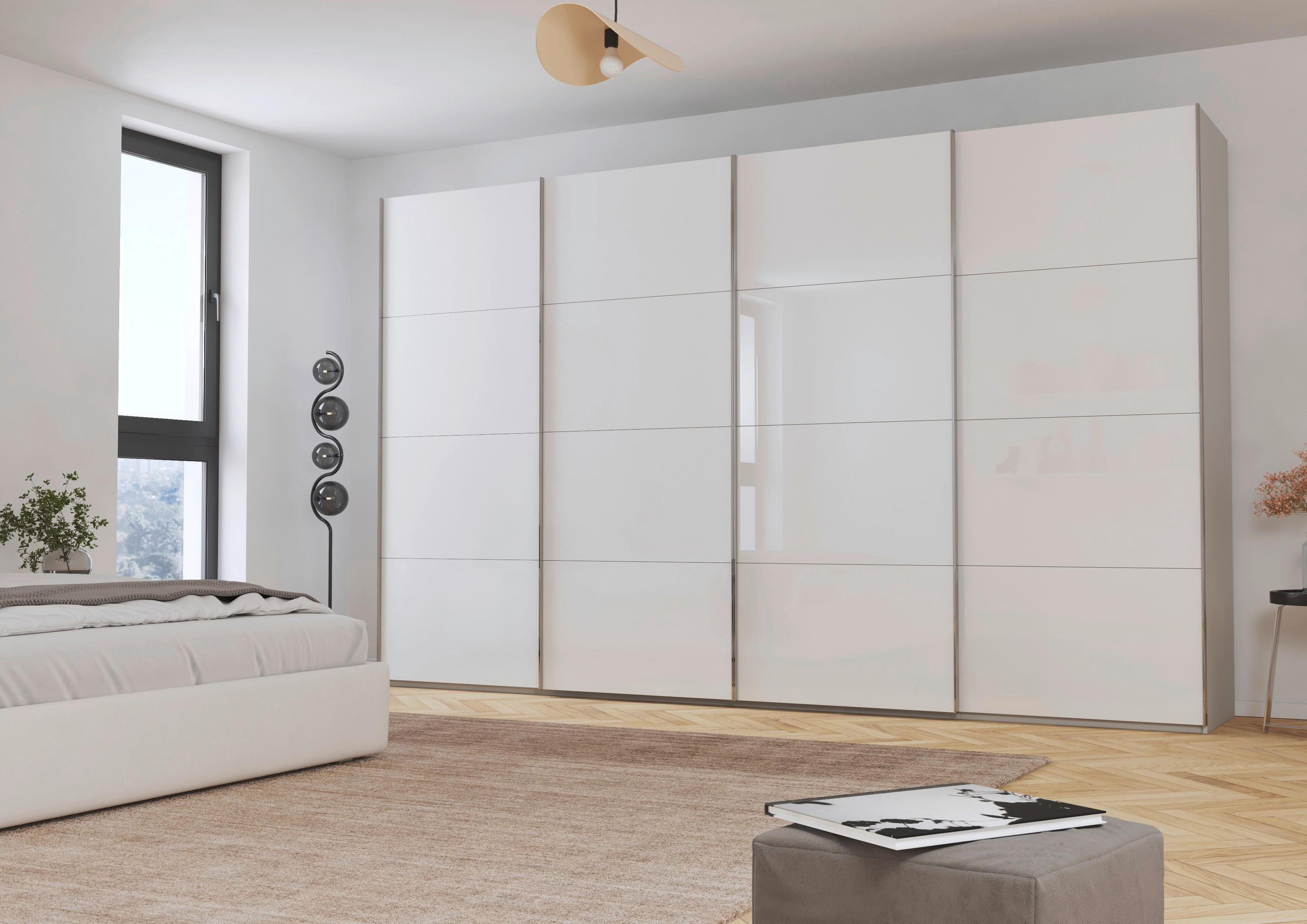 SCHWEBETÜRENSCHRANK 361/223/68 cm 4-türig Weiß, Seidengrau  - Chromfarben/Seidengrau, Design, Glas/Holzwerkstoff (361/223/68cm) - Novel