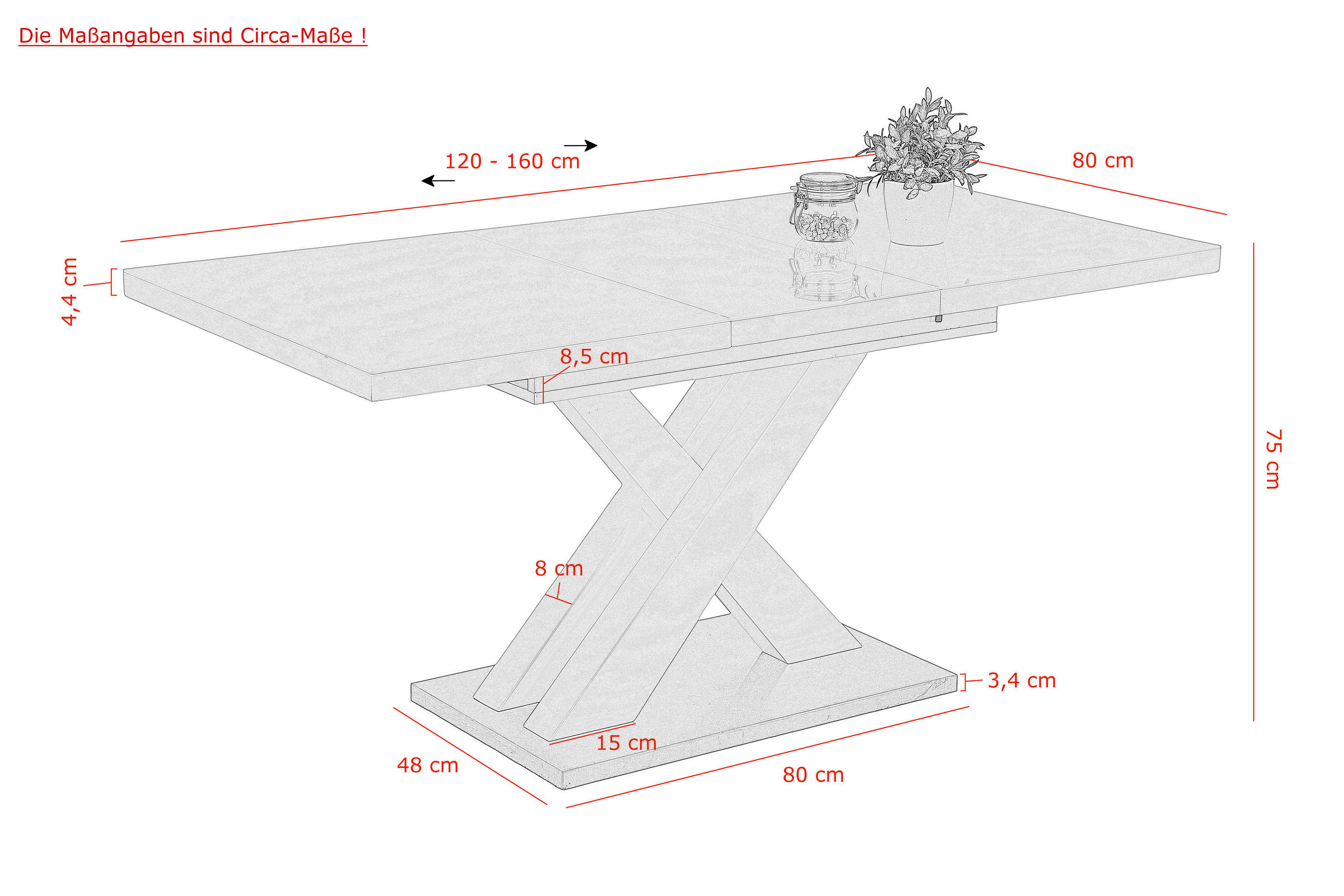 Thumbnail - Mid.you Esstisch, Weiß Hochglanz, Glas, Holzwerkstoff, rechteckig, X-Form, Säule, 80x75x120-160 cm, ausziehbar, Esszimme...
