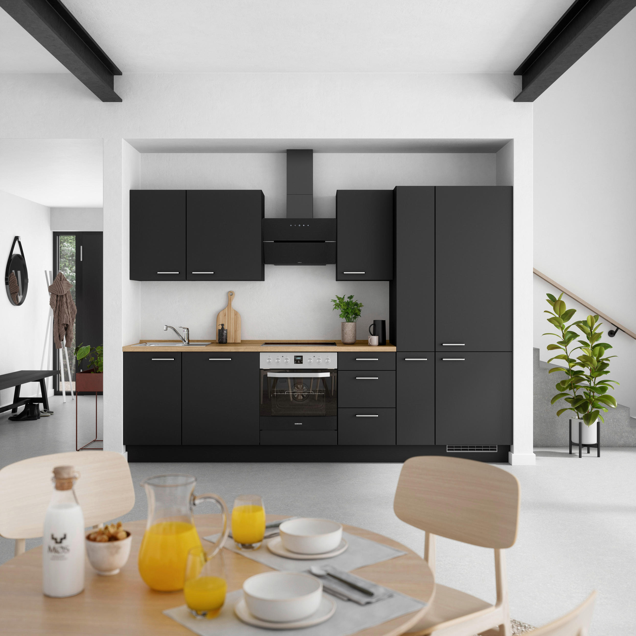 KÜCHENBLOCK 300 cm   in Schwarz, Eichefarben  - Edelstahlfarben/Eichefarben, MODERN, Holzwerkstoff/Metall (300cm) - Nobilia