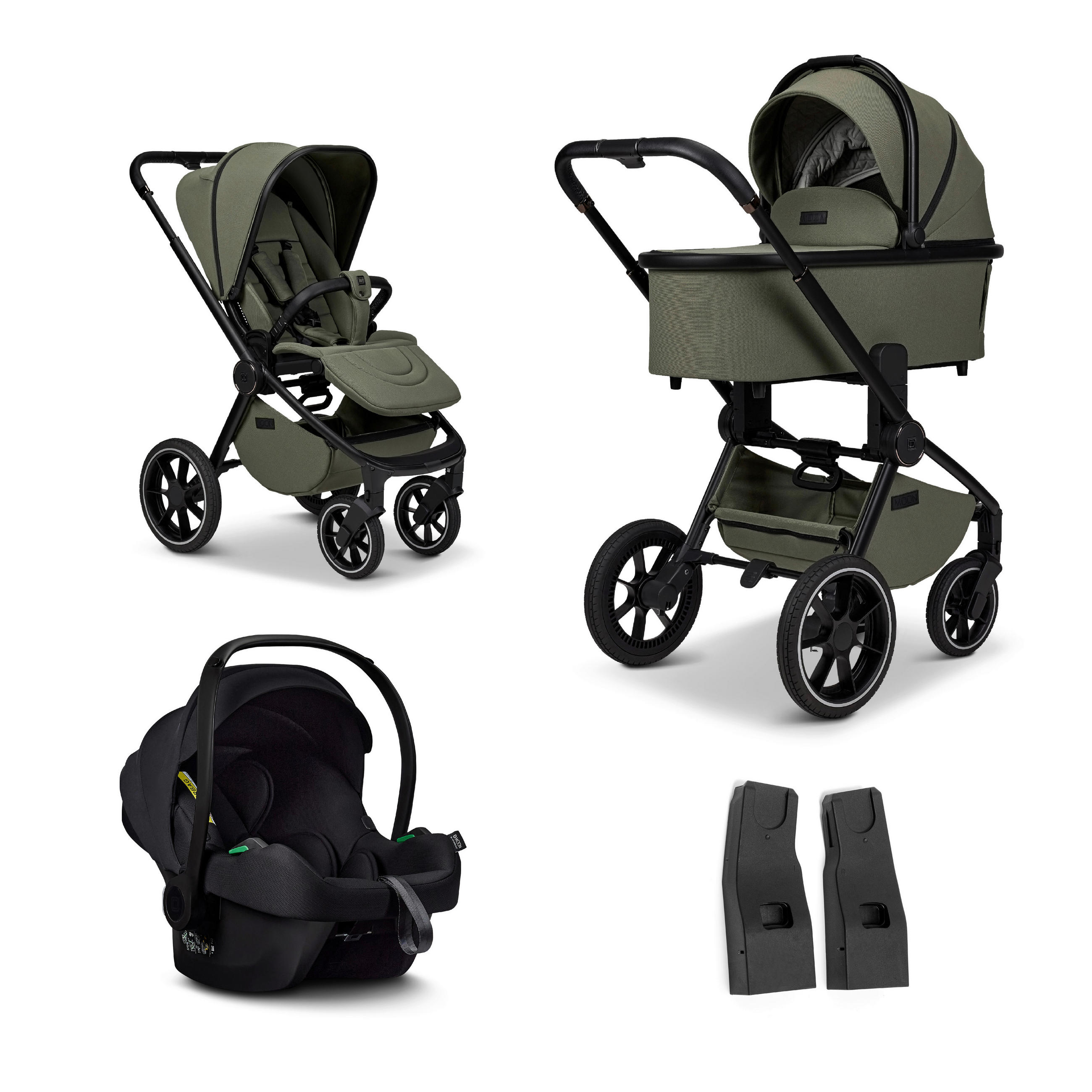 KINDERWAGENSET  Resea+ Set  Moss  - Schwarz/Olivgrün, Basics, Textil (98,5/58/122cm) - Moon