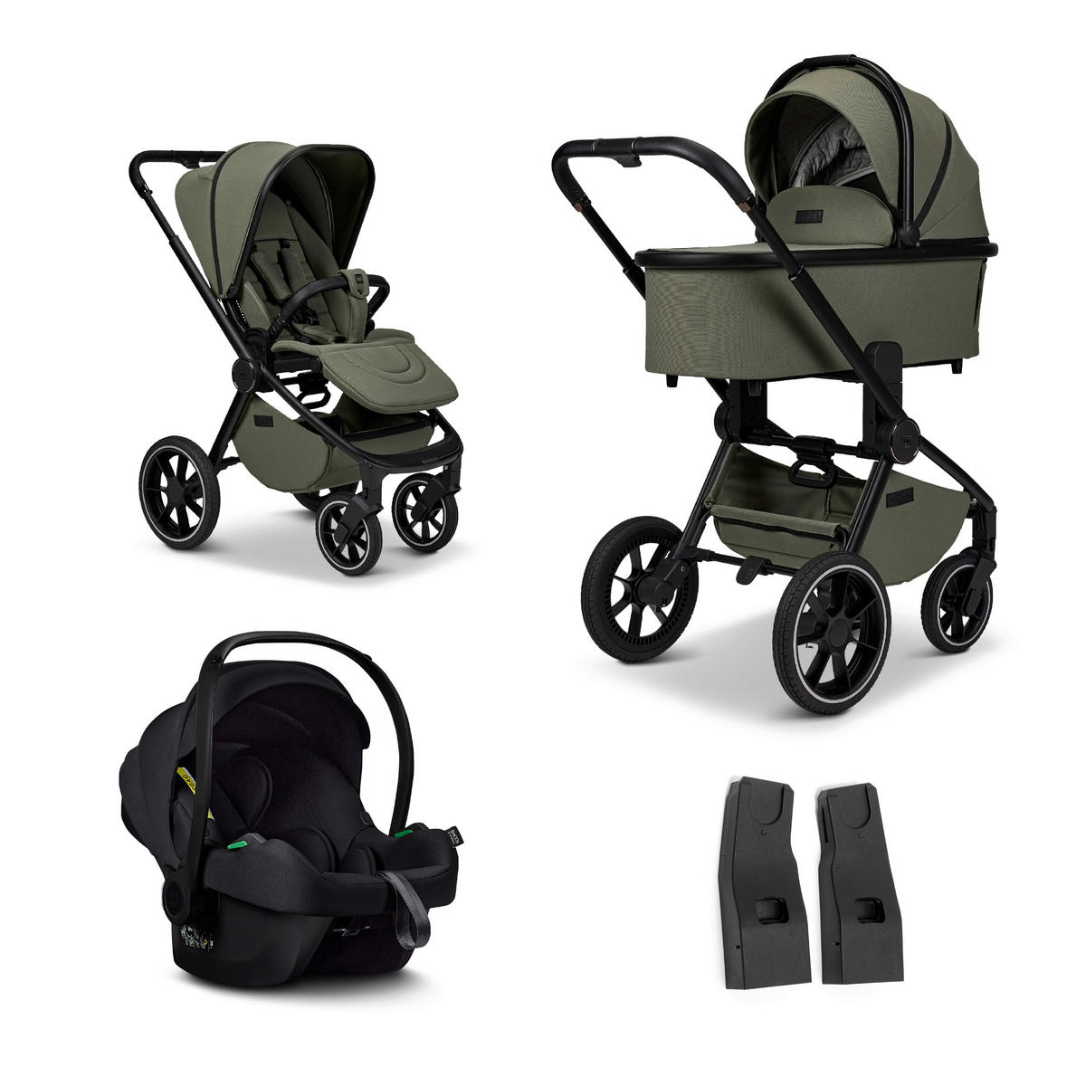 KINDERWAGENSET  Resea+ Set  Moss  - Schwarz/Olivgrün, Basics, Textil (98,5/58/122cm) - Moon
