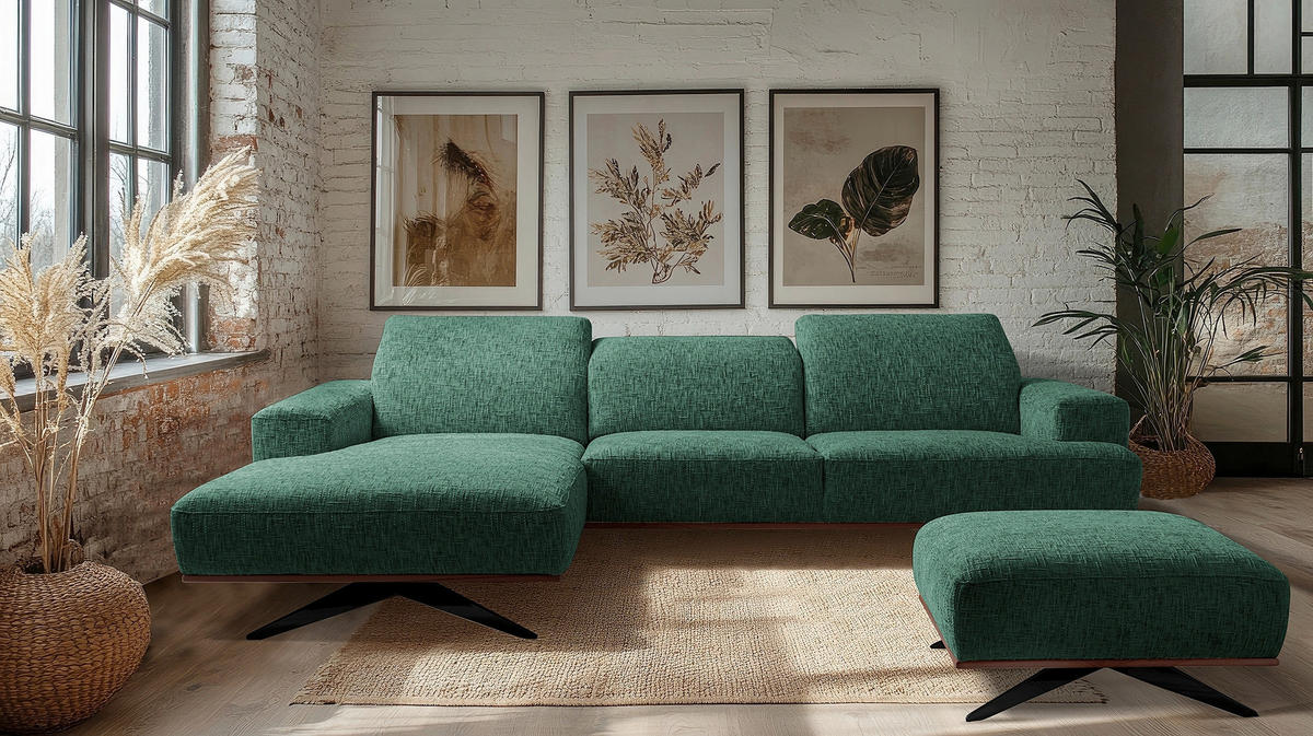 ECKSOFA PORTLAND in Struktur Grün Kopfteilverstellung  187/295 cm  - Schwarz/Grün, Design, Holz/Textil (187/295cm) - Livetastic