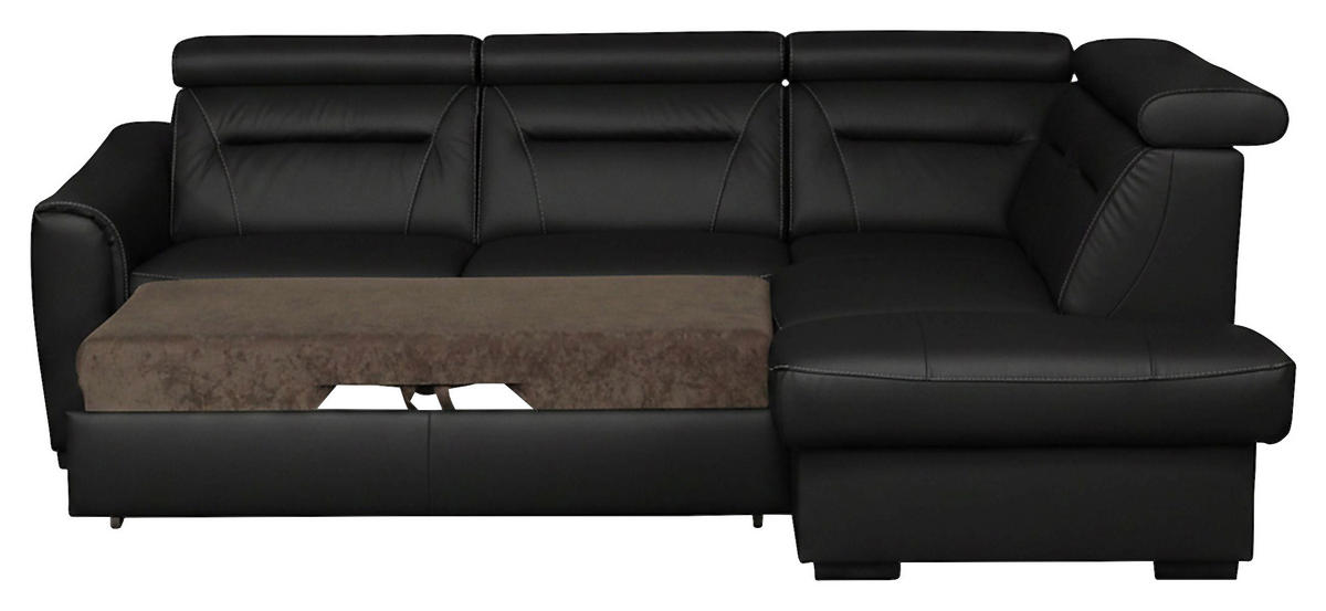 ECKSOFA Schwarz Echtleder Lederlook Bettkasten, Schlaffunktion, Rücken echt, Kopfteilverstellung  - Wengefarben/Schwarz, Design, Leder/Holz (260/212cm) - Celina Home