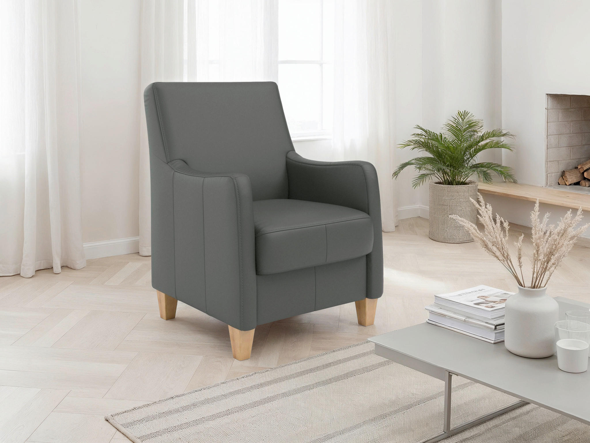 KŘESLO, kůže, antracitová - barvy dubu/antracitová, Basics, dřevo/kůže (70/93/75cm) - Sit & More