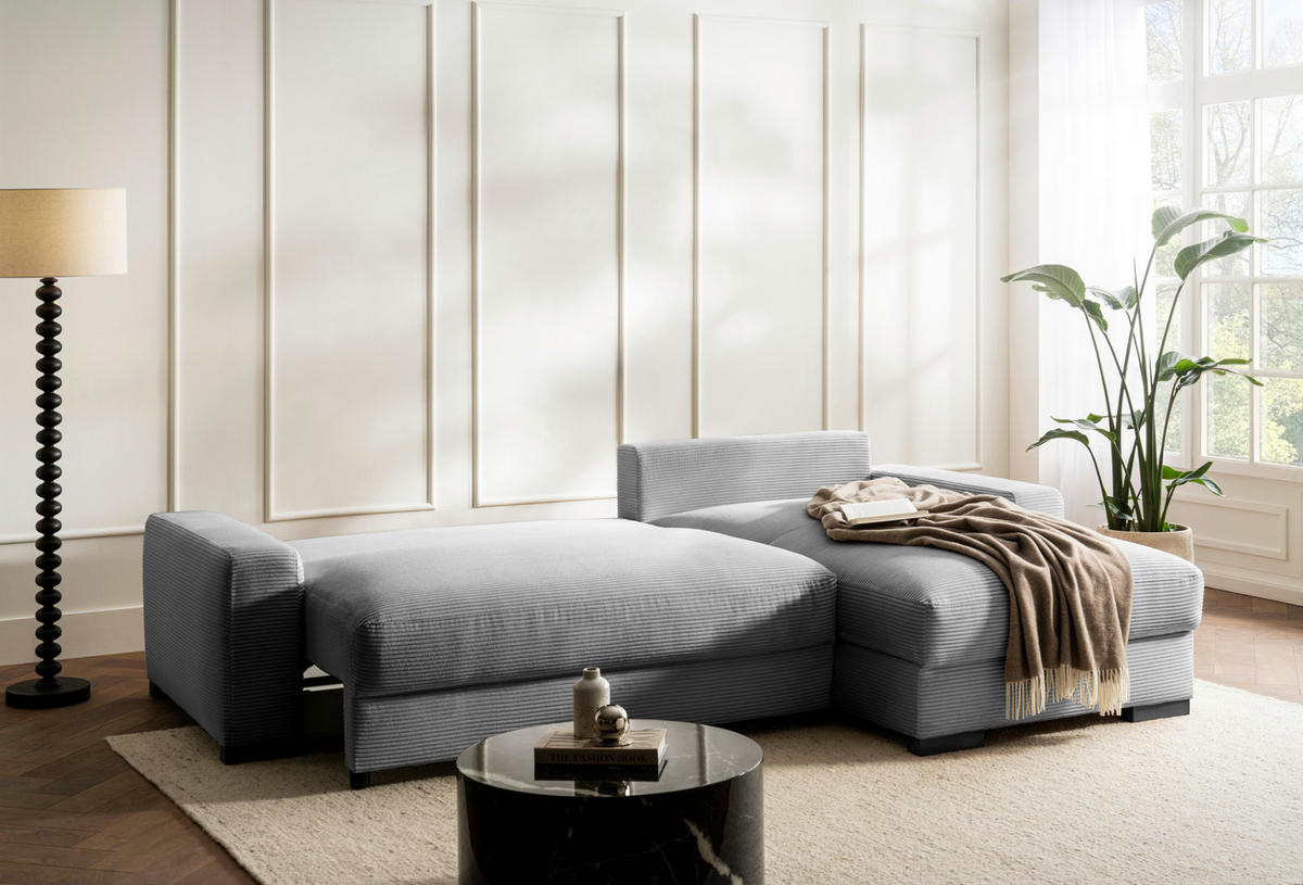 ECKSOFA in Cord Hellgrau  - Hellgrau/Schwarz, Design, Holz/Textil (264/184cm) - Stylife