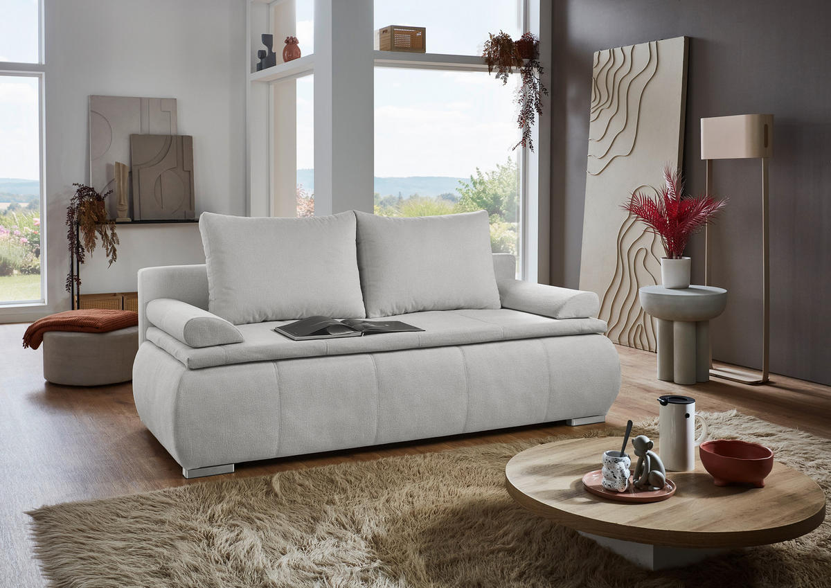 SCHLAFSOFA Webstoff Naturfarben  inkl. Rückenkissen, Armlehnenkissen, Bettkasten, Schlaffunktion, Topper, Rücken echt  - Chromfarben/Naturfarben, KONVENTIONELL, Holz/Kunststoff (207/91/90cm) - Carryhome