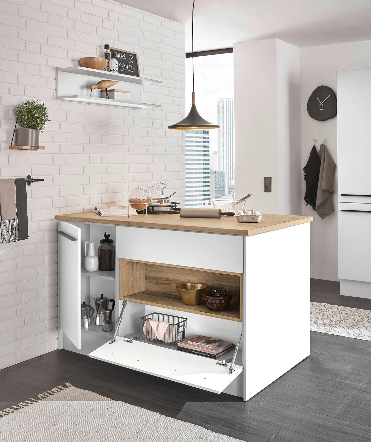 KÜCHENINSEL 145/90/90 cm  in Weiß, Eichefarben  - Eichefarben/Schwarz, Design, Holzwerkstoff/Kunststoff (145/90/90cm) - MID.YOU