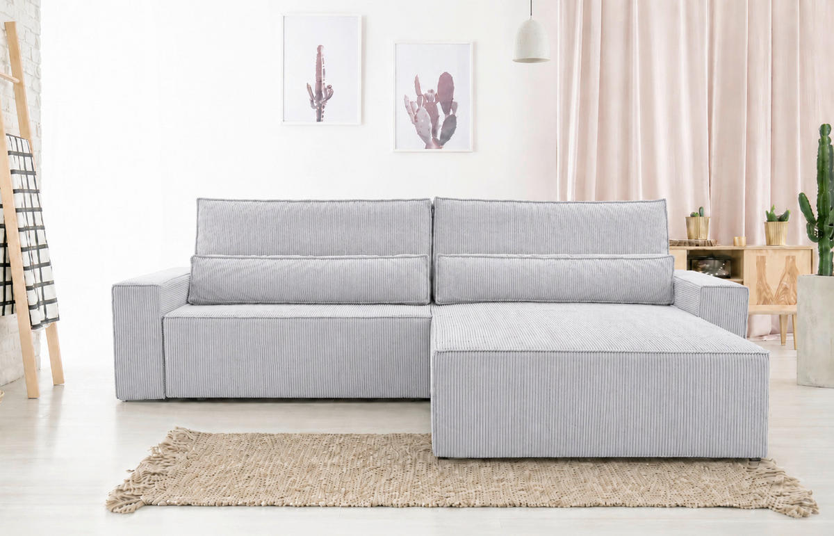 ECKSOFA BRAZIL L Hellgrau Rückenkissen, Schlaffunktion, Rücken echt, Stauraum  - Hellgrau/Schwarz, Design, Kunststoff/Textil (290/200cm) - MID.YOU