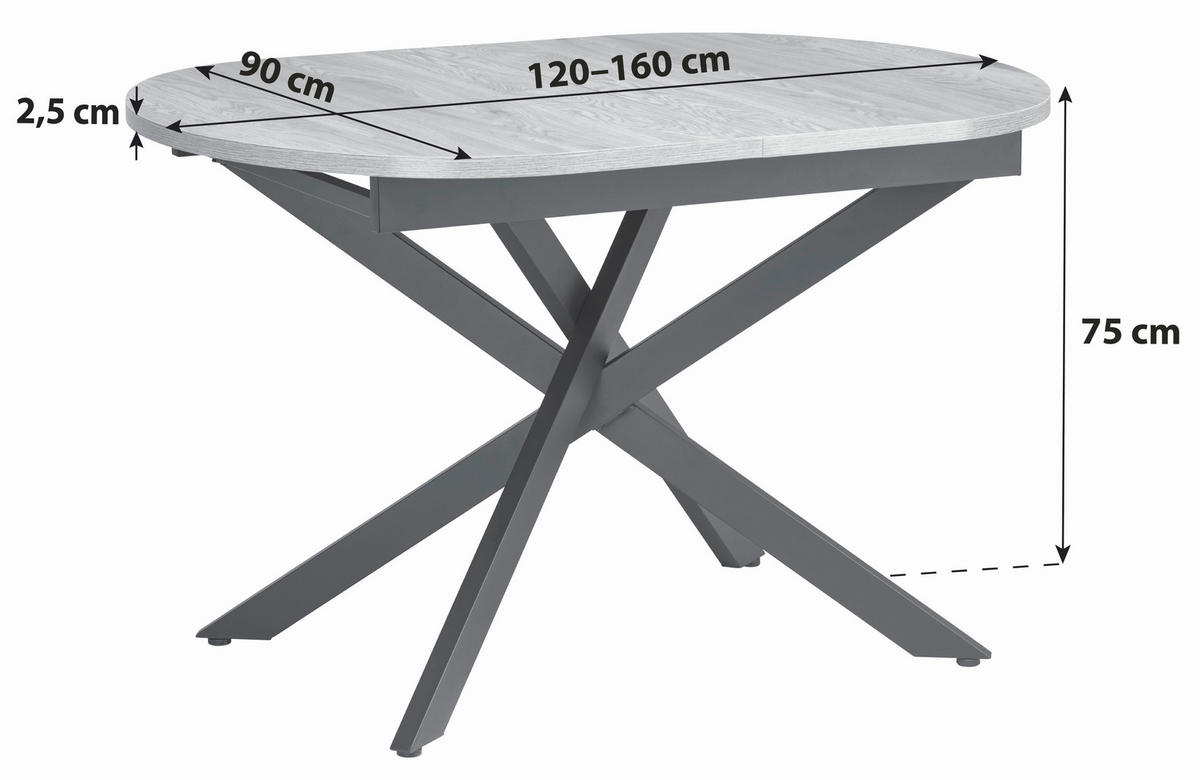 ESSTISCH 120-160/90/75 cm Nachbildung  Metall, Holzwerkstoff ausziehbar oval Schwarz, Eichefarben  - Eichefarben/Schwarz, KONVENTIONELL, Holzwerkstoff/Metall (120-160/90/75cm) - MID.YOU