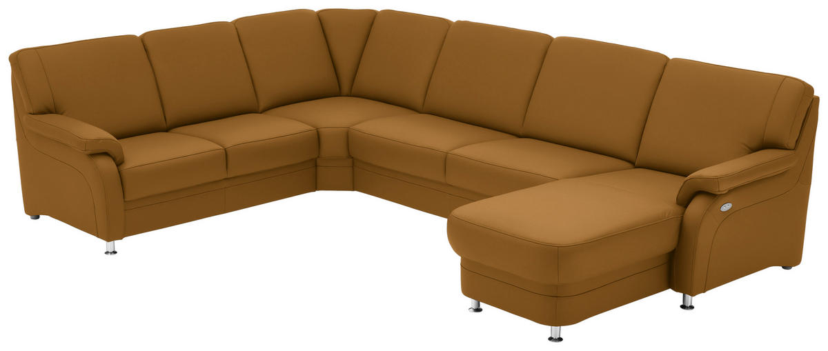 WOHNLANDSCHAFT Echtleder Senfgelb  - Senfgelb/Alufarben, Konventionell, Leder/Metall (239/329/165cm) - Beldomo Premium