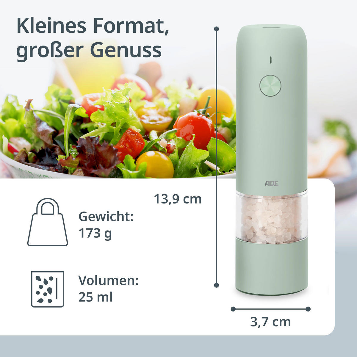 ELEKTR. SALZ-/PFEFFERMÜHLE  - Salbeigrün, Basics, Kunststoff/Metall (3,8/3,8/14cm) - ADE