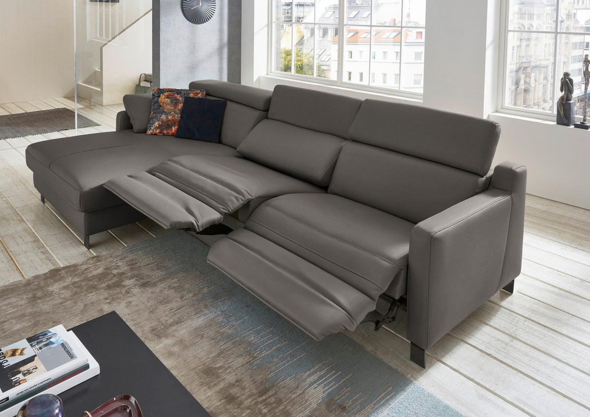 ECKSOFA in Echtleder Graubraun  - Graubraun/Schwarz, Design, Leder/Metall (176/291cm) - Valdera