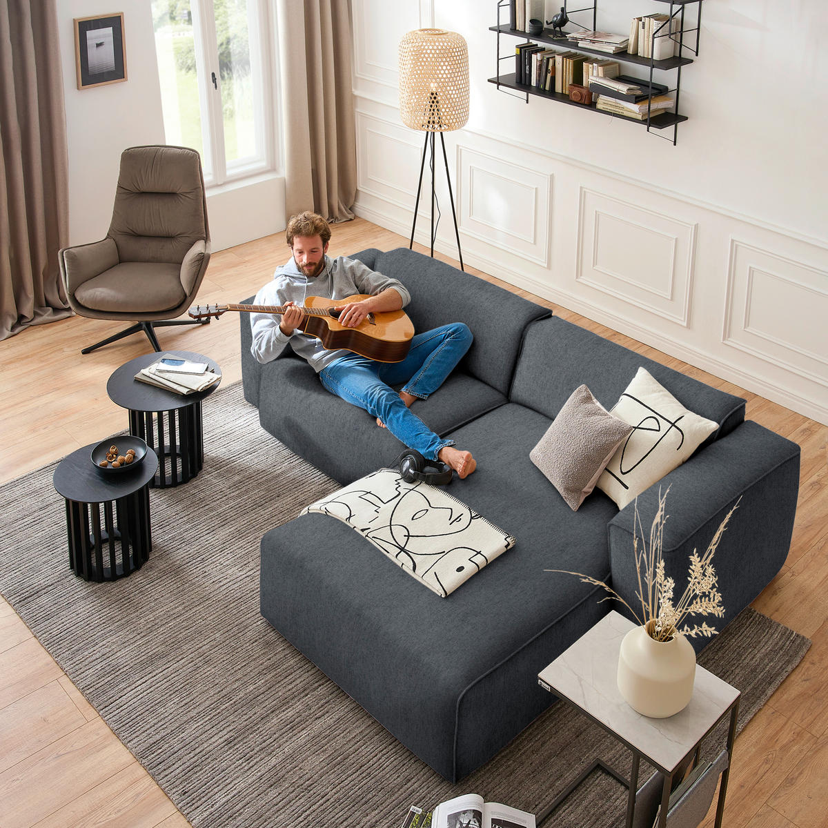 ECKSOFA in Webstoff Dunkelgrau  265/171 cm  - Dunkelgrau/Schwarz, Design, Kunststoff/Textil (265/171cm) - home24