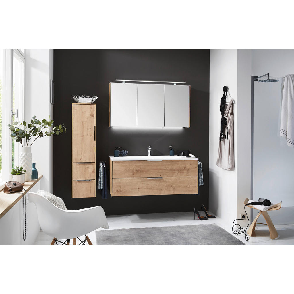 Thumbnail - Novel Midischrank, Eiche, Chrom, Glas, 2 Fächer, 2 Schubladen, 32.2x129x32.5 cm, Made in Germany, hängend, Badezimmer, B...