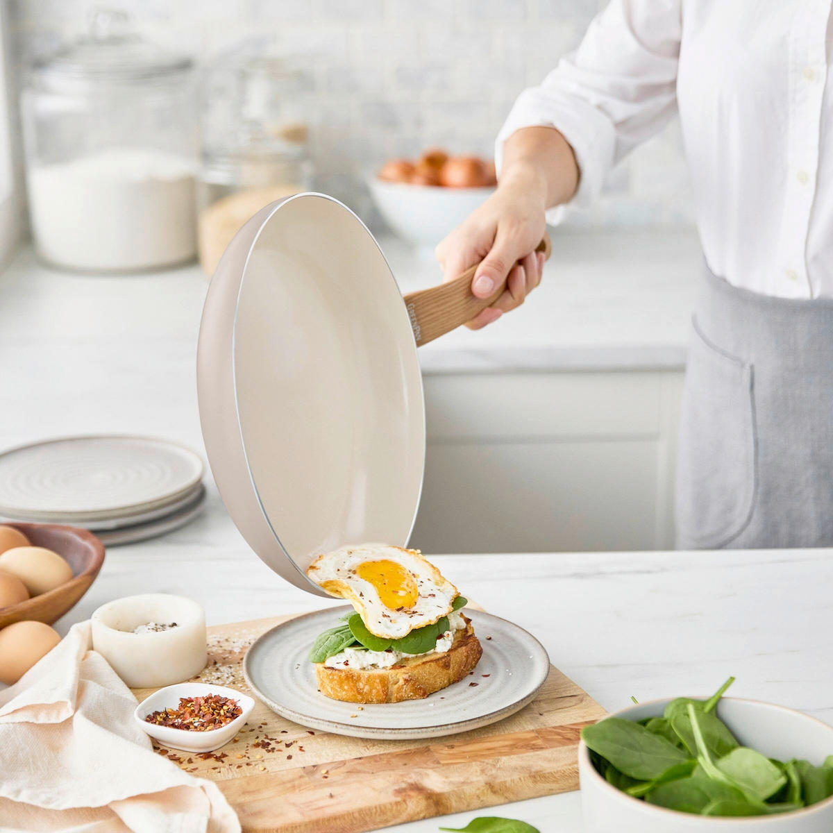 KOCHTOPFSET Essence 5-teilig  - Tannenholzfarben/Creme, Basics, Glas/Kunststoff - GreenPan