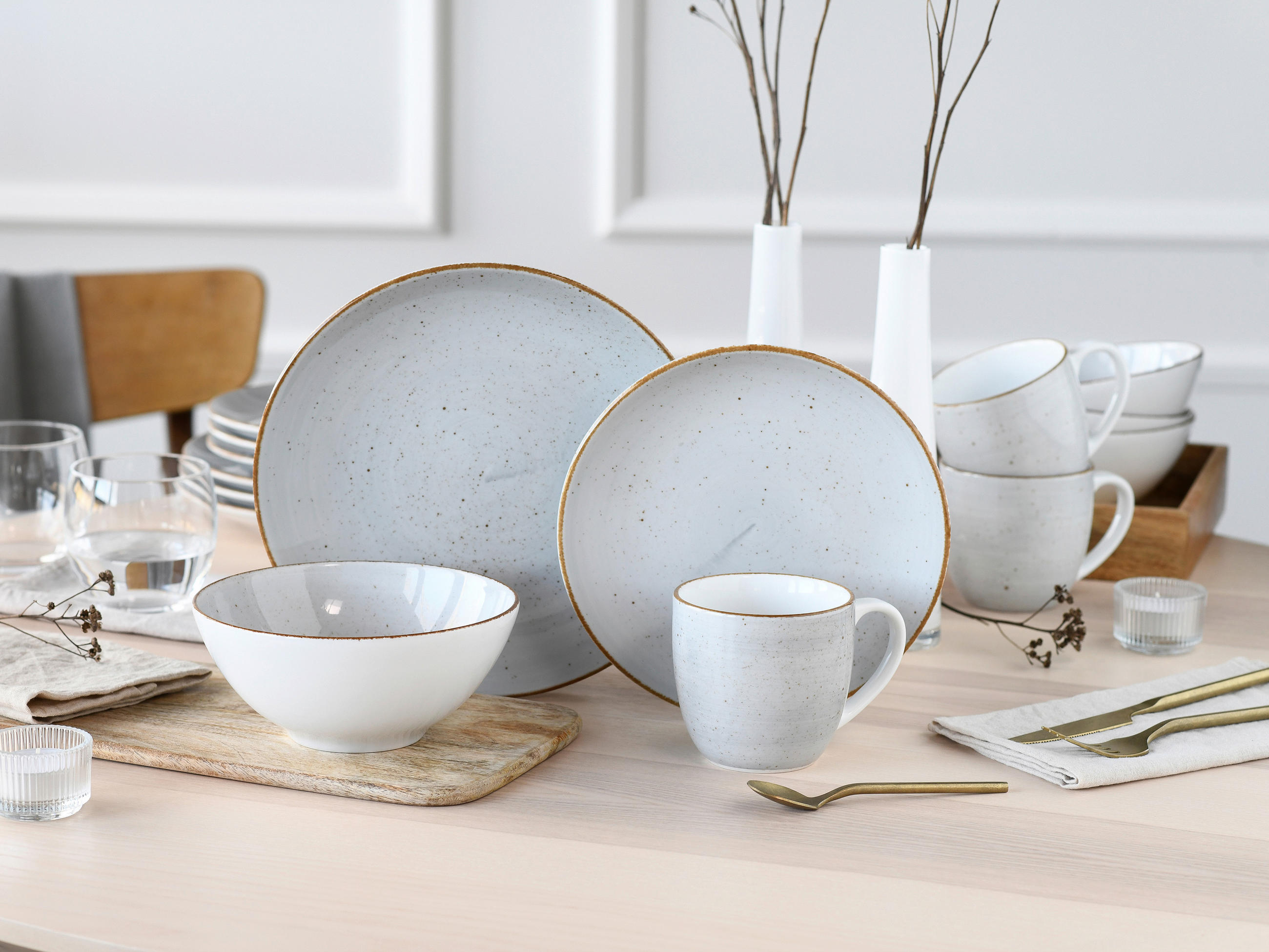 KOMBISERVICE Weiß, Hellgrau Vintage Nature 16-teilig 4 Personen  - Hellgrau/Weiß, Basics, Keramik - Creatable