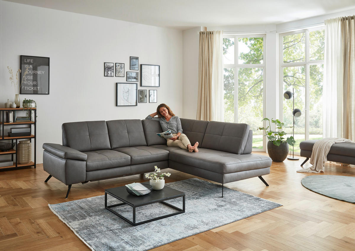 ECKSOFA in Lederlook, Mikrofaser Dunkelgrau  - Dunkelgrau/Schwarz, Design, Textil/Metall (261/220cm) - Beldomo System