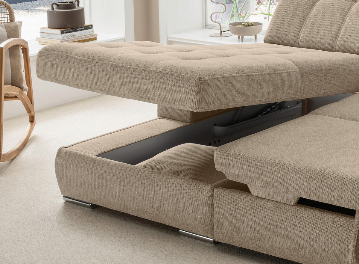 ECKSOFA Chenille Hellbraun  - Chromfarben/Hellbraun, Konventionell, Textil/Metall (186/283cm) - Livetastic