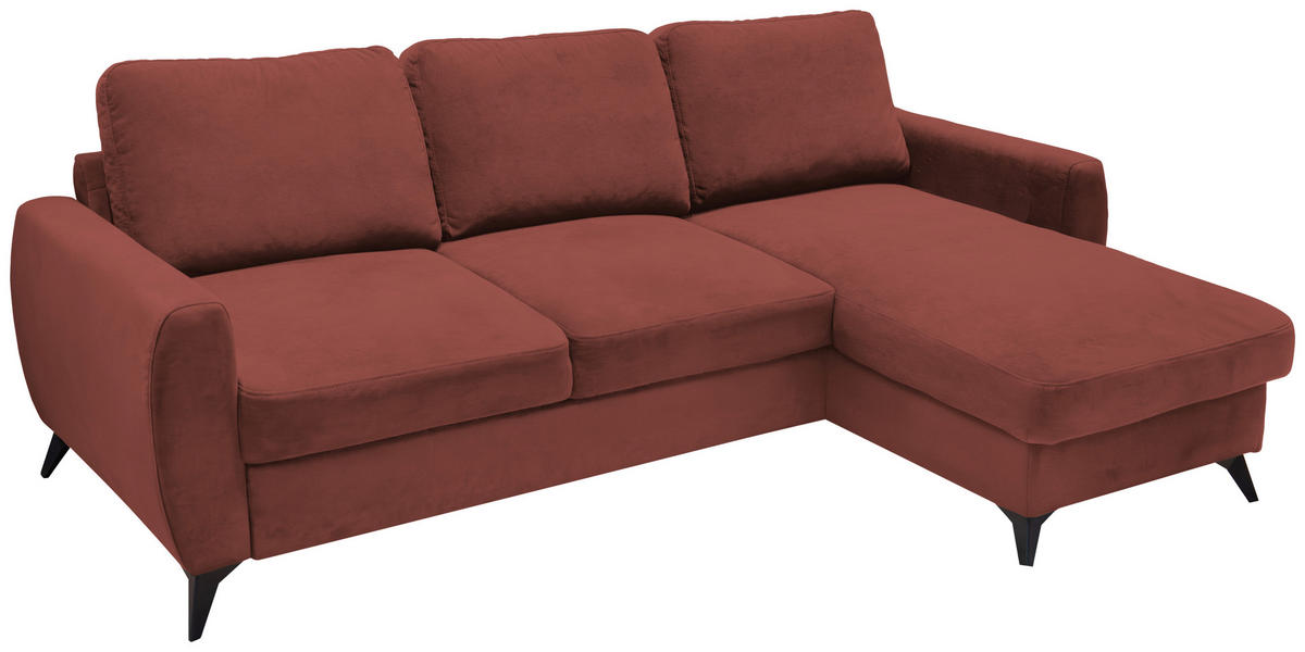 ECKSCHLAFSOFA JEFFREY Mikrovelours Rotbraun  inkl. Zierkissen, Rückenkissen, Stauraum  - Rotbraun/Schwarz, KONVENTIONELL, Textil/Metall (230/150cm) - Livetastic