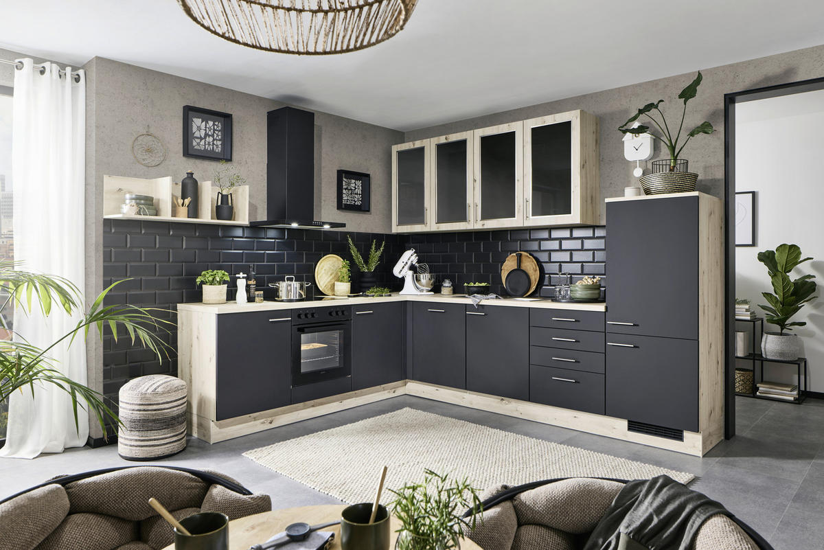 ECKKÜCHE 283,1/305,2 cm  Schwarz, Eichefarben  - Edelstahlfarben/Eichefarben, Konventionell, Glas/Holzwerkstoff (283,1/305,2cm) - Venda