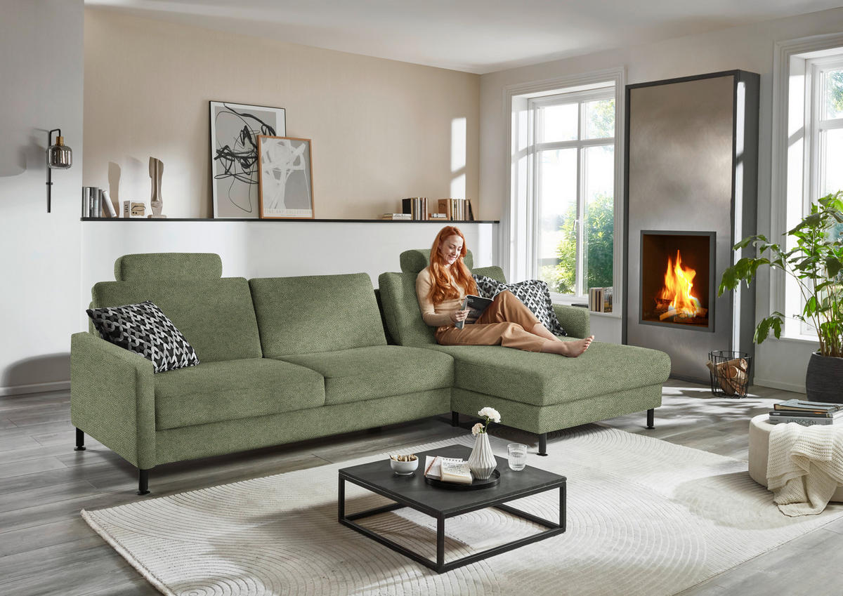 ECKSOFA  in Chenille, Flachgewebe Olivgrün  316/175 cm  - Schwarz/Olivgrün, Design, Textil/Metall (316/175cm) - Dieter Knoll