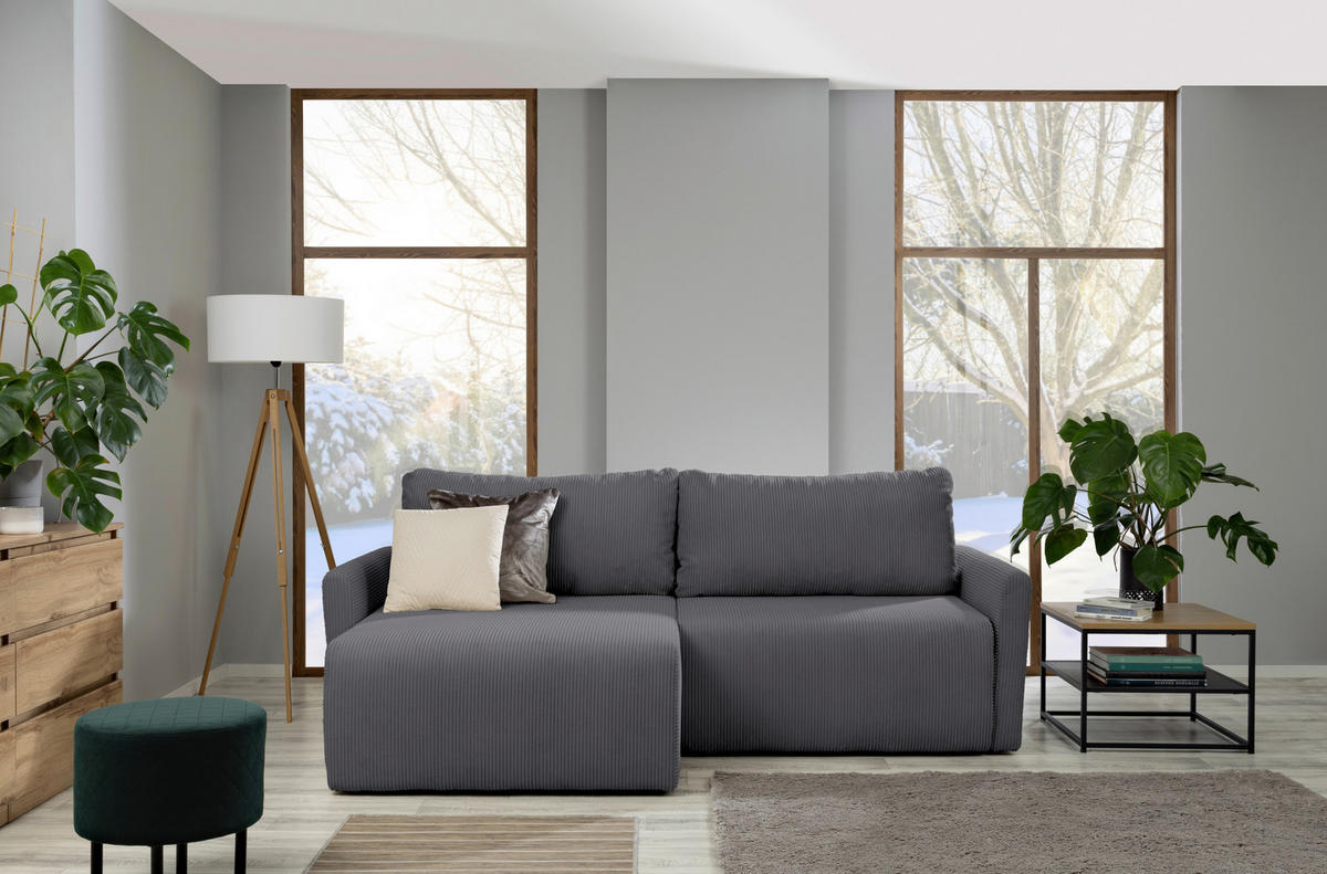 ECKSOFA in Cord Grau  - Schwarz/Grau, Konventionell, Kunststoff/Textil (228/146cm) - MID.YOU
