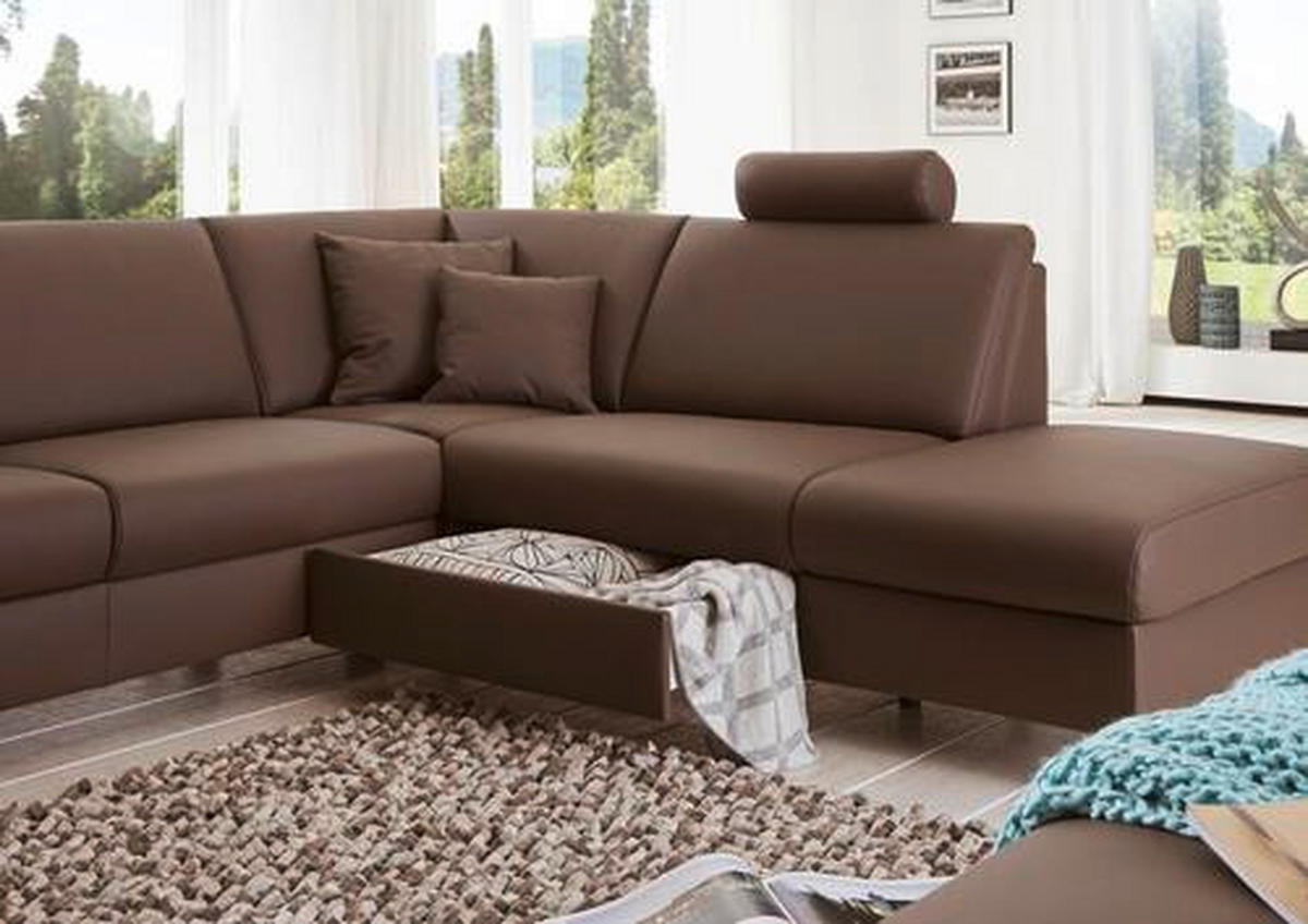 WOHNLANDSCHAFT in Echtleder Dunkelbraun  - Dunkelbraun/Alufarben, Design, Leder/Metall (233/339/165cm) - Beldomo Premium