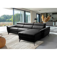 ECKSOFA SONO in Lederlook Echtleder Schwarz Armteilverstellung, Kopfteilverstellung  252/179 cm  - Schwarz, Design, Leder/Textil (252/179cm) - Livetastic