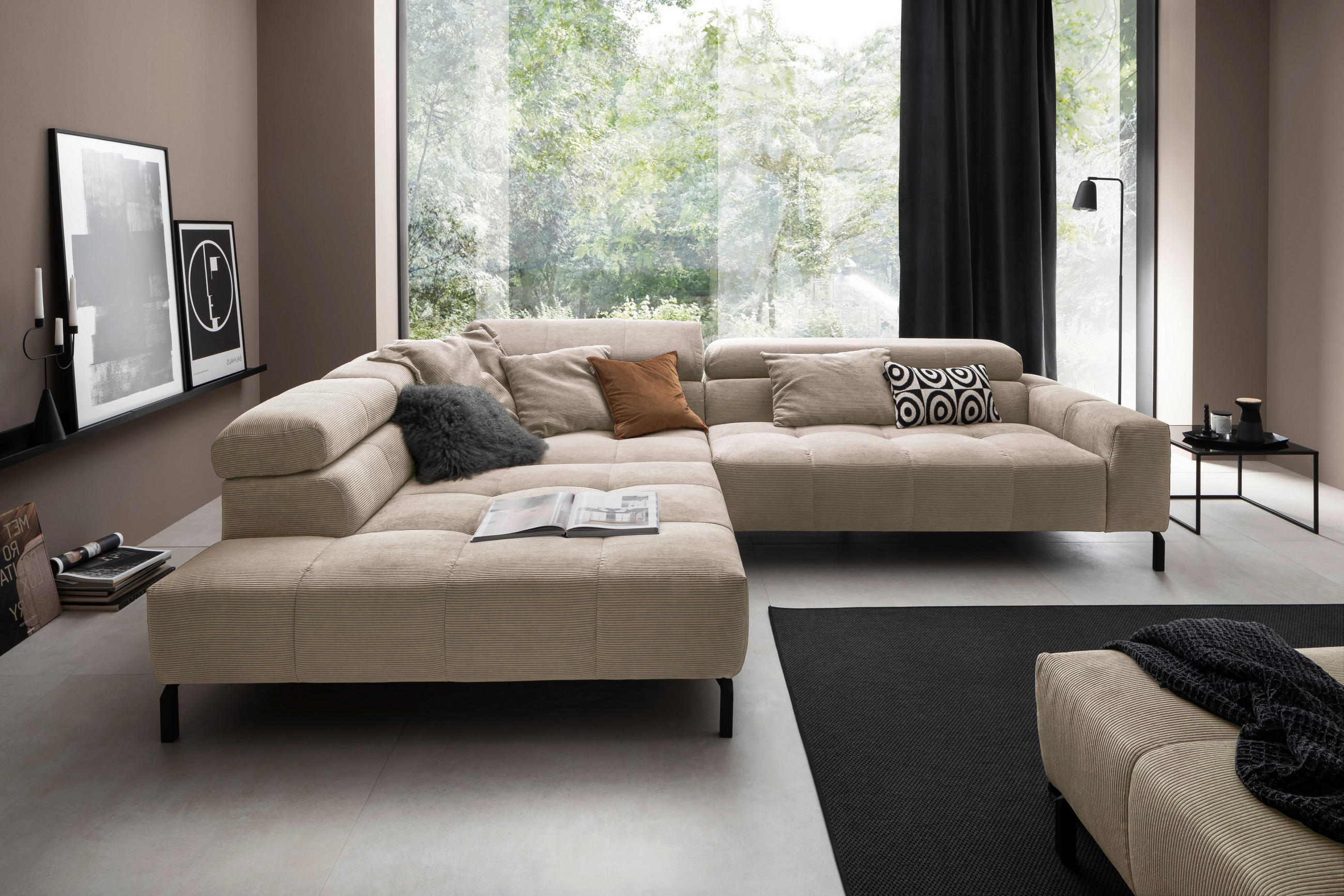 ECKSOFA Taupe Cord  - Taupe/Schwarz, KONVENTIONELL, Textil/Metall (219/311cm) - Hom`in