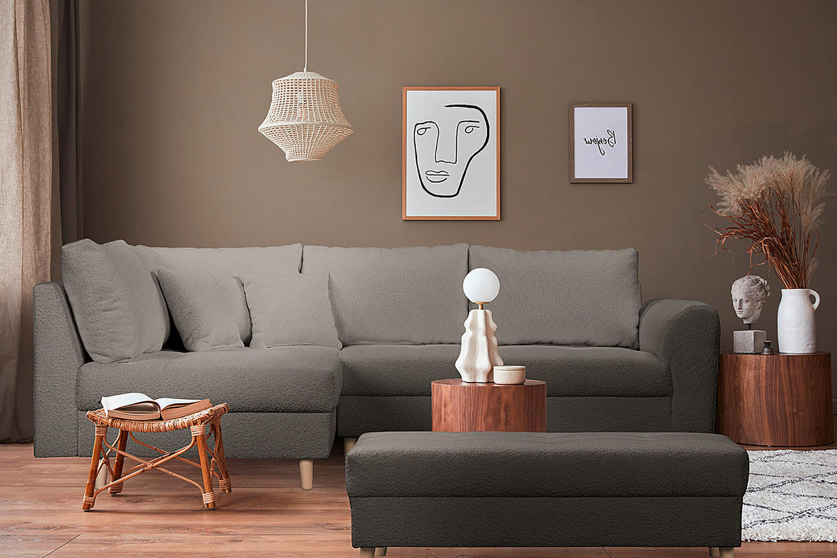 ECKSOFA Dunkelgrau Bouclé  - Dunkelgrau/Naturfarben, Design, Holz/Textil (161/231cm) - Livetastic