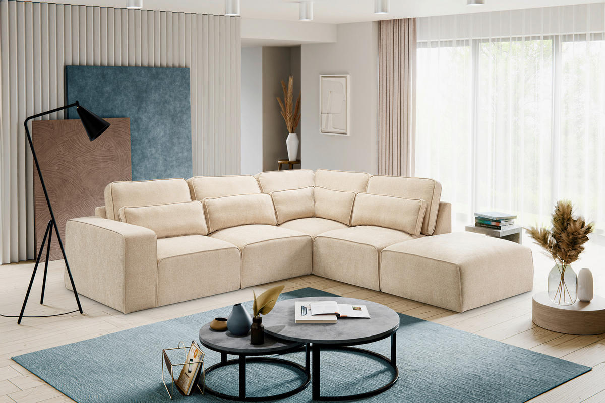 ECKSOFA LUX in Webstoff Beige  305/281 cm  - Beige/Schwarz, Basics, Holz/Kunststoff (305/281cm) - MID.YOU