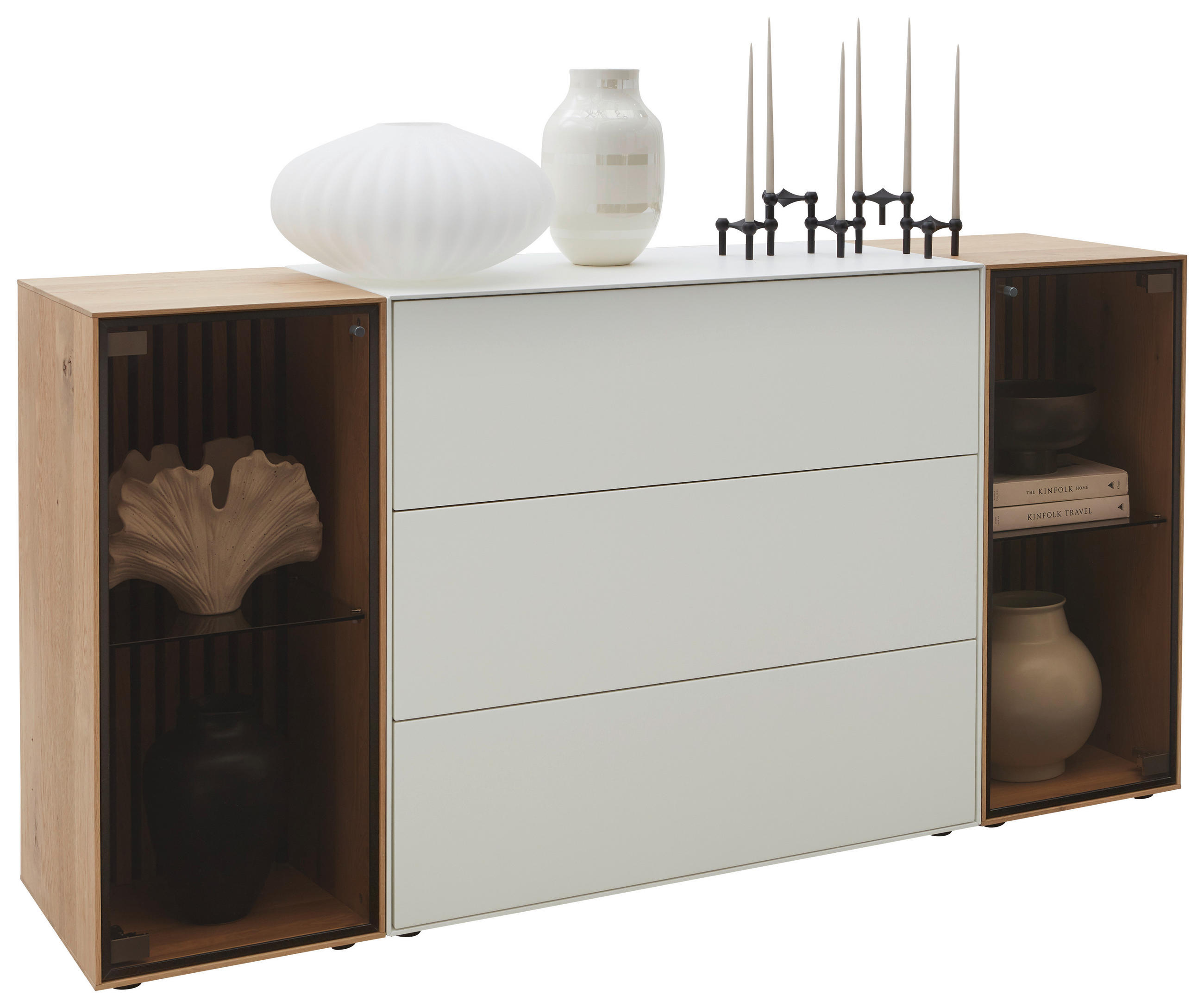 SIDEBOARD Weiss, Eichefarben  182/90/44 cm  - Weiss/Eichefarben, Design, Glas/Holz (182/90/44cm) - Johann Jakob