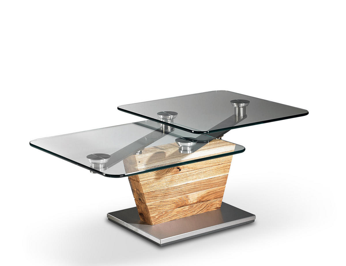 COUCHTISCH Asteiche massiv ESG, Klarglas 113/60/41/44 cm rechteckig Eichefarben, Edelstahlfarben  - Edelstahlfarben/Eichefarben, Basics, Glas/Holz (113/60/41/44cm) - Novel