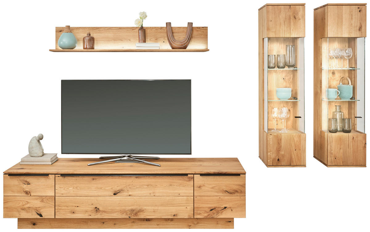WOHNWAND  in Eichefarben 320/200,8/53,7 cm  - Eichefarben/Schwarz, Natur, Glas/Holz (320/200,8/53,7cm) - Valnatura