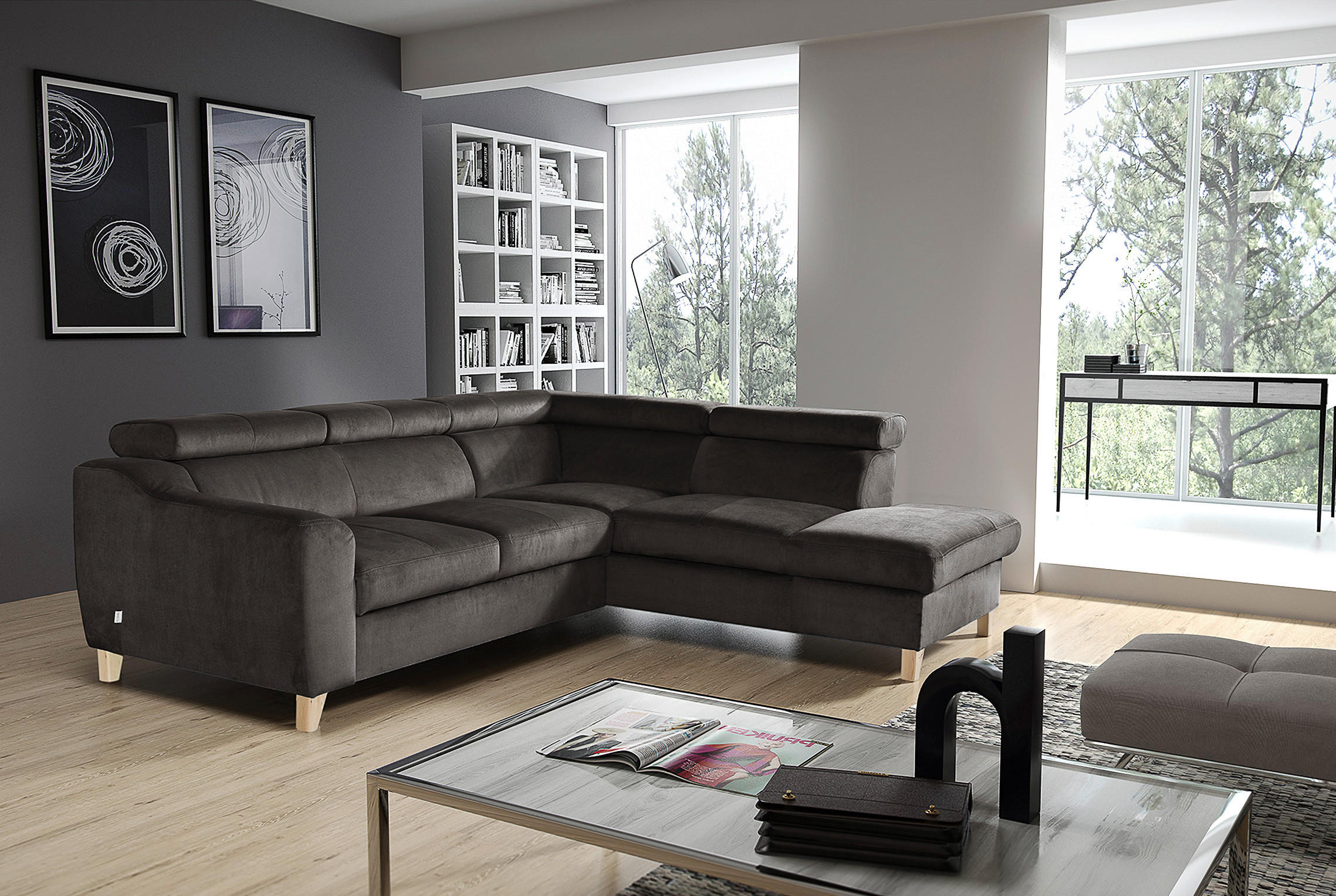 ECKSOFA in Webstoff Dunkelgrau  - Dunkelgrau/Buchefarben, Design, Holz/Textil (245/208cm) - Livetastic