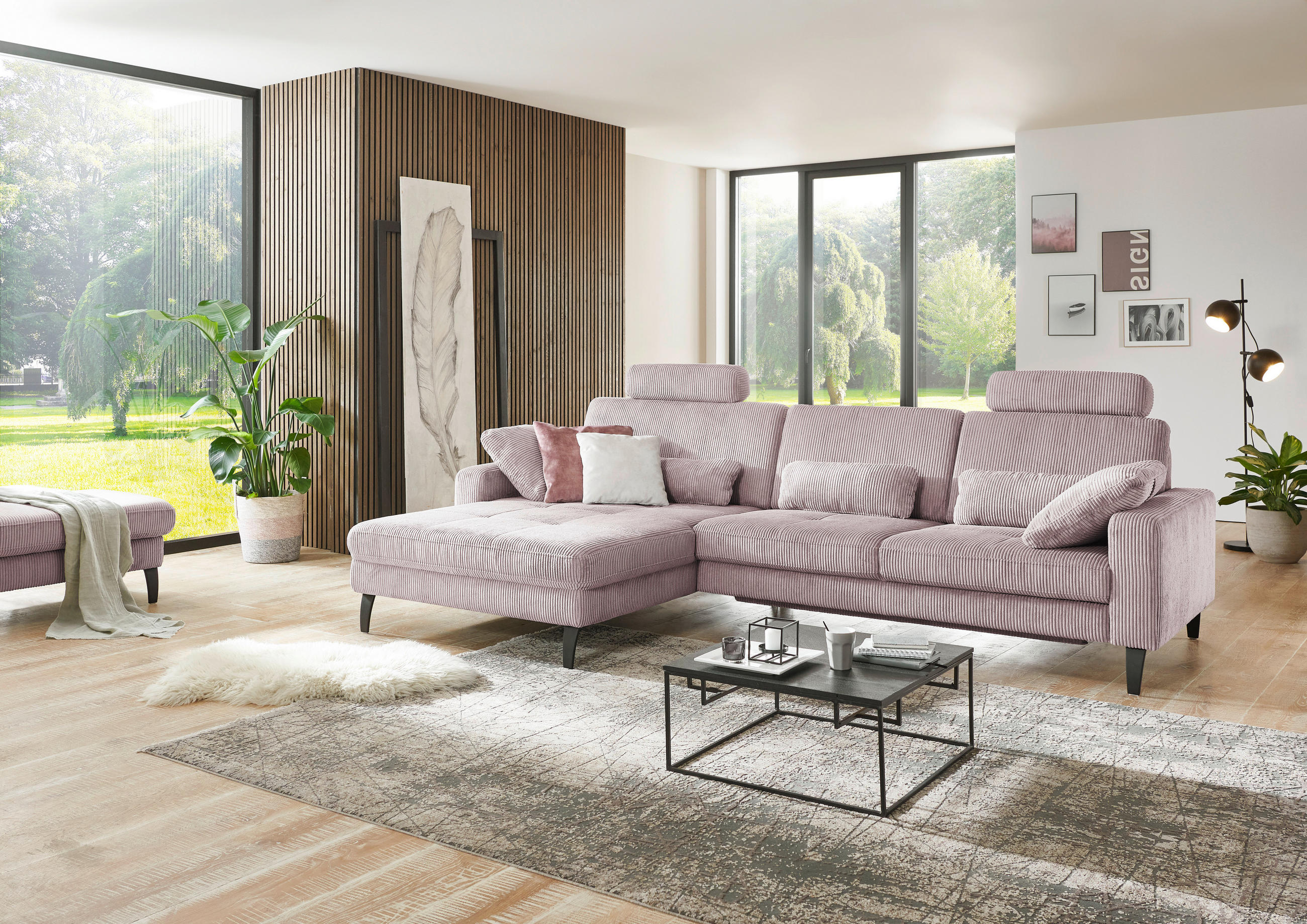 ECKSOFA in Cord Altrosa  - Schwarz/Altrosa, Modern, Textil/Metall (177/302cm) - Beldomo Style