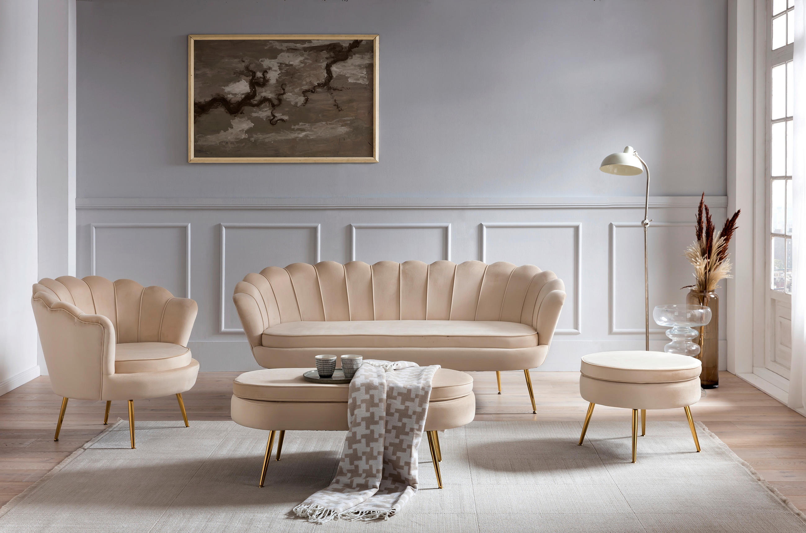 3-SITZER-SOFA in Samt Beige - Beige/Goldfarben, MODERN, Textil/Metall (180/78/76cm) - Livetastic