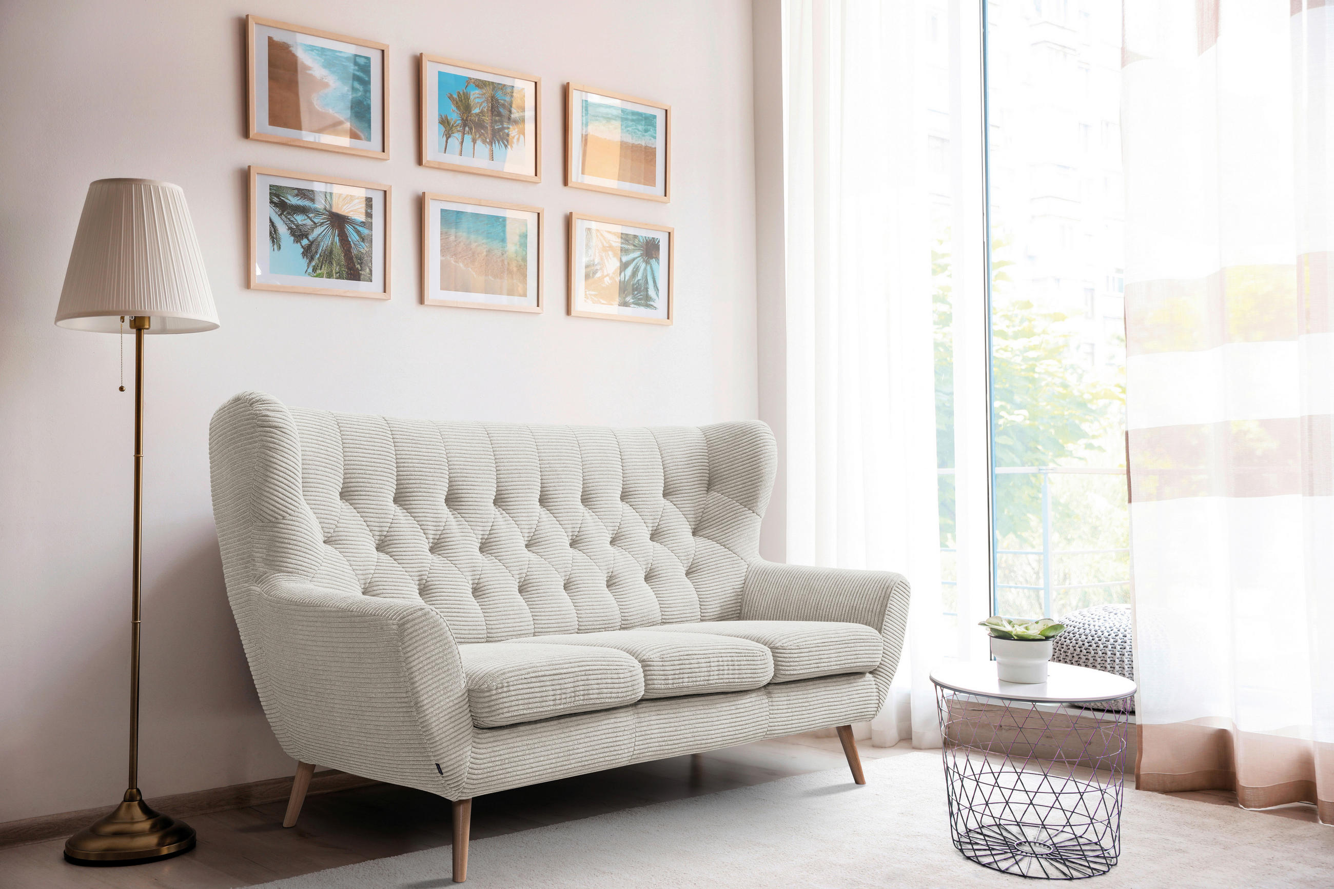 3-SITZER-SOFA Cord Creme  - Creme, Design, Holz/Textil (187/101/95cm) - Stylife