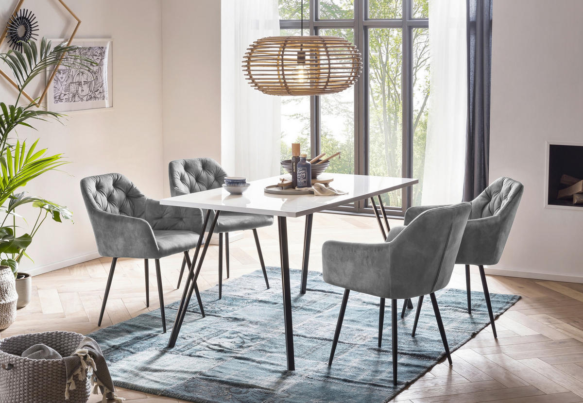 TISCHGRUPPE Samt Grau, Weiß Hochglanz  - Weiß Hochglanz/Schwarz, MODERN, Textil/Metall (140/76/80cm) - MID.YOU