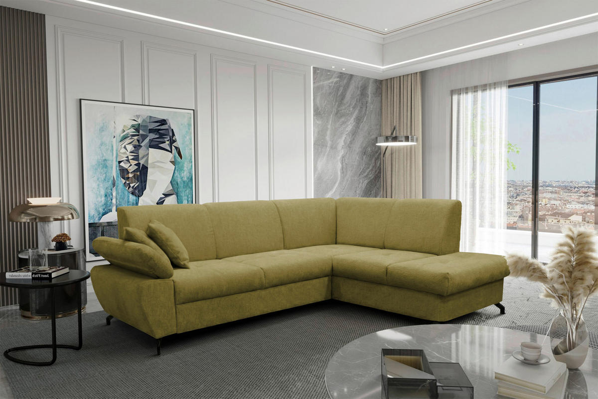 ECKSOFA CORA Grün Chenille Zierkissen, Bettkasten  - Schwarz/Grün, Design, Textil/Metall (261/198cm) - MID.YOU