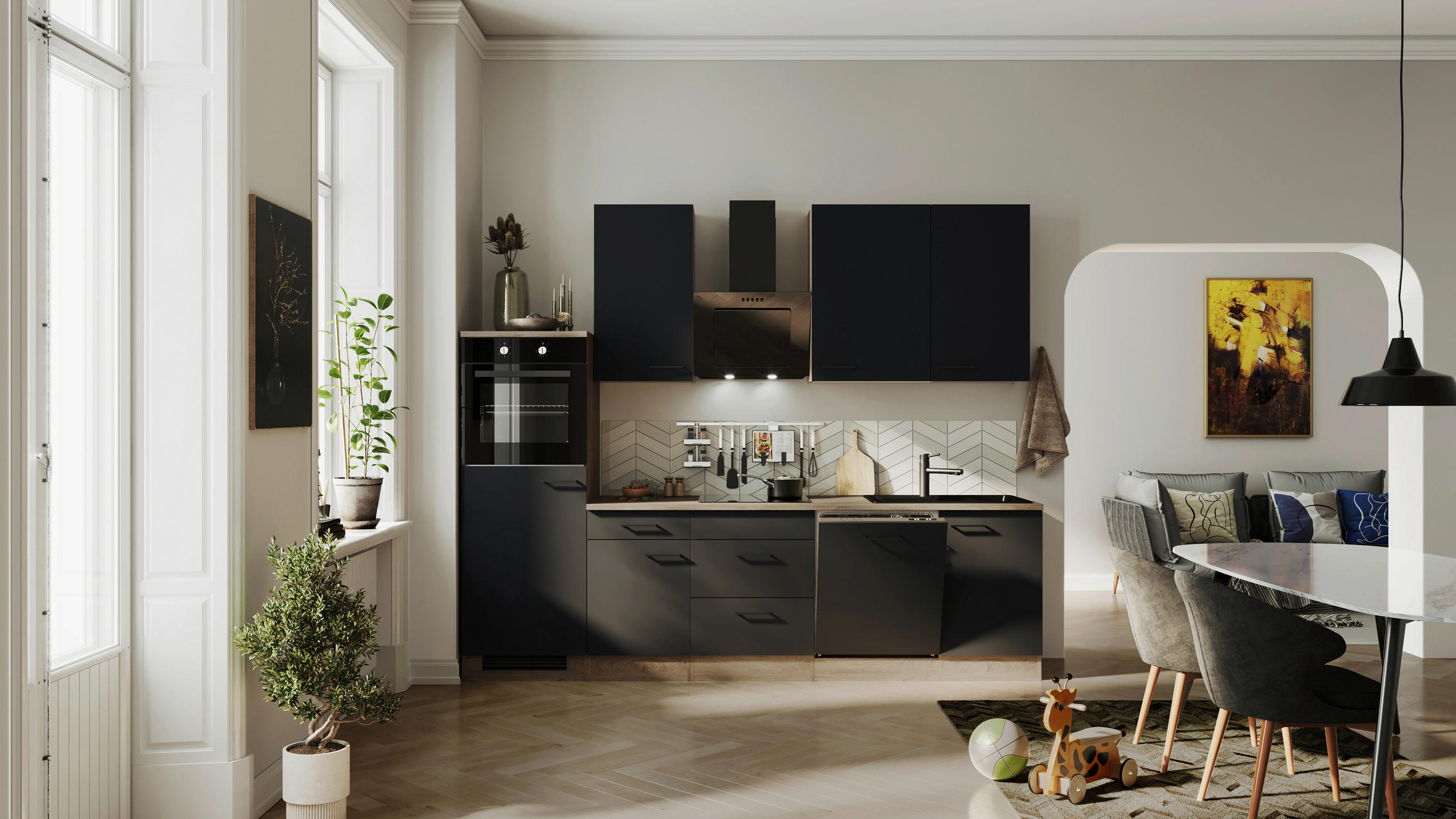 KÜCHENBLOCK 280 cm   in Schwarz, Eichefarben  - Eichefarben/Schwarz, Basics, Holzwerkstoff/Metall (280cm) - FlexWell