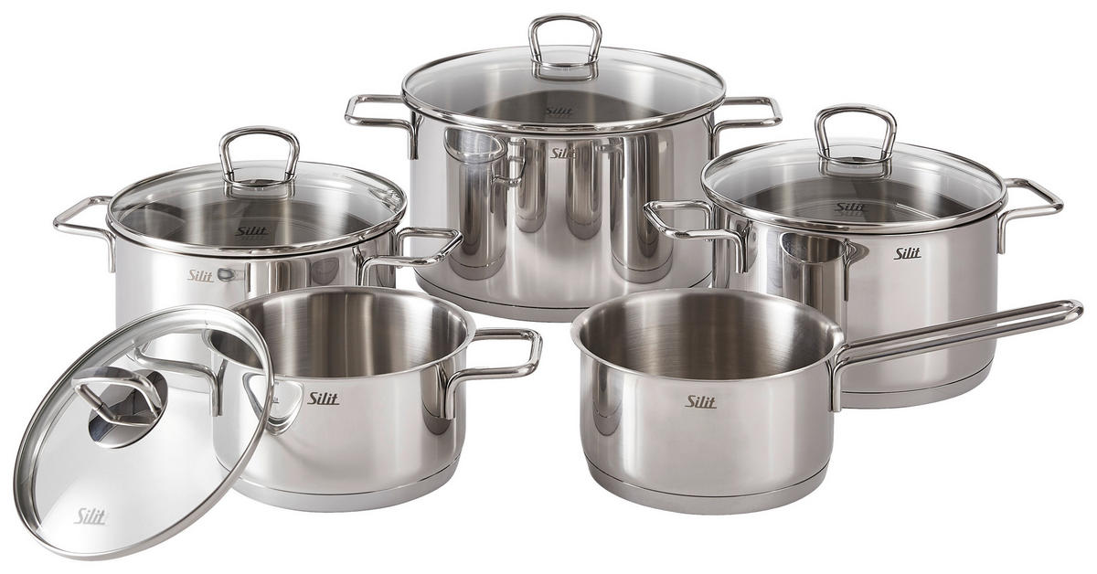 KOCHTOPFSET Alicante 5-teilig  - Edelstahlfarben, Basics, Glas/Metall - Silit